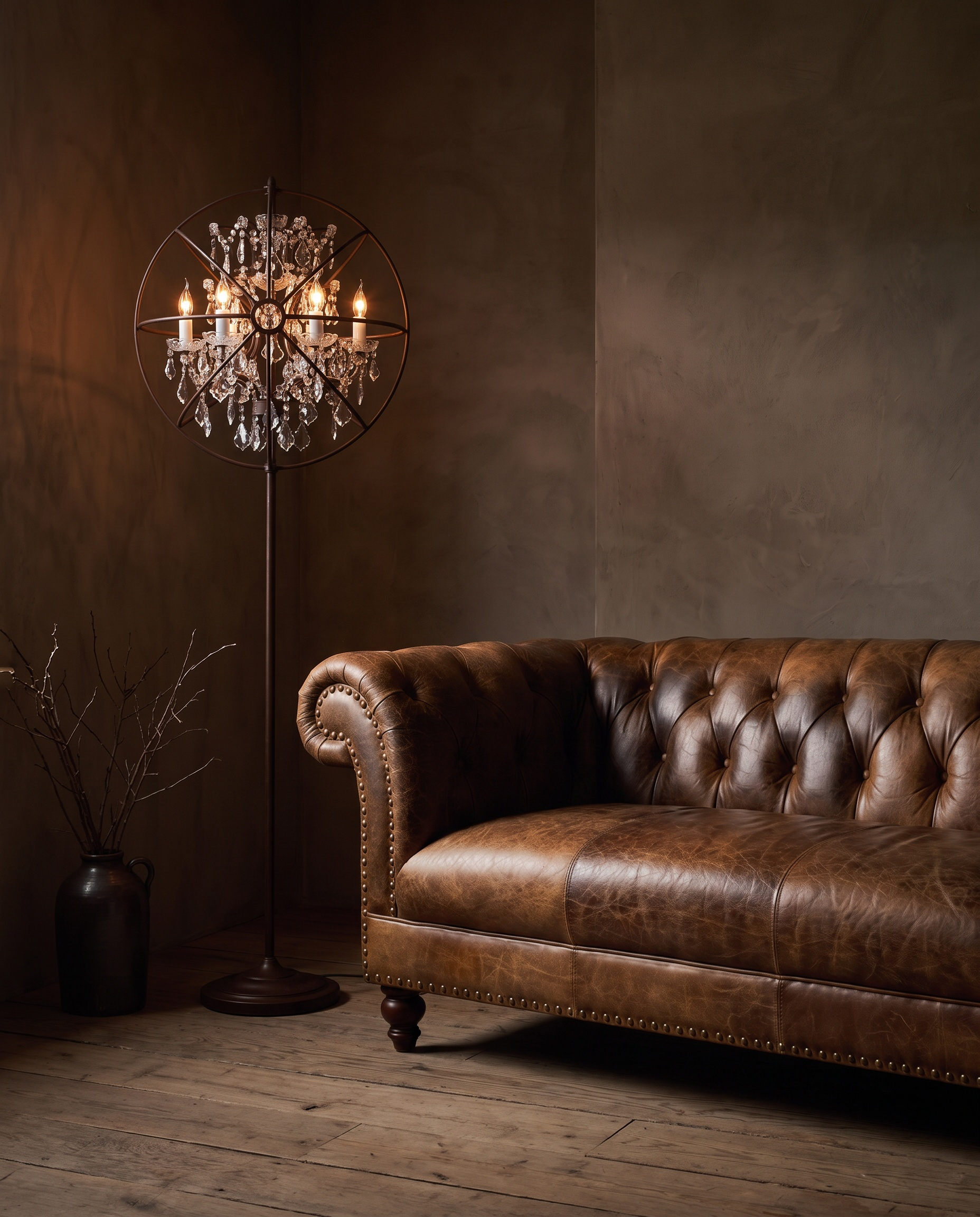 Crystal Orb floor lamp in a dim, sultry living room corner beside The Umber Chesterfield sofa, warm amber glow