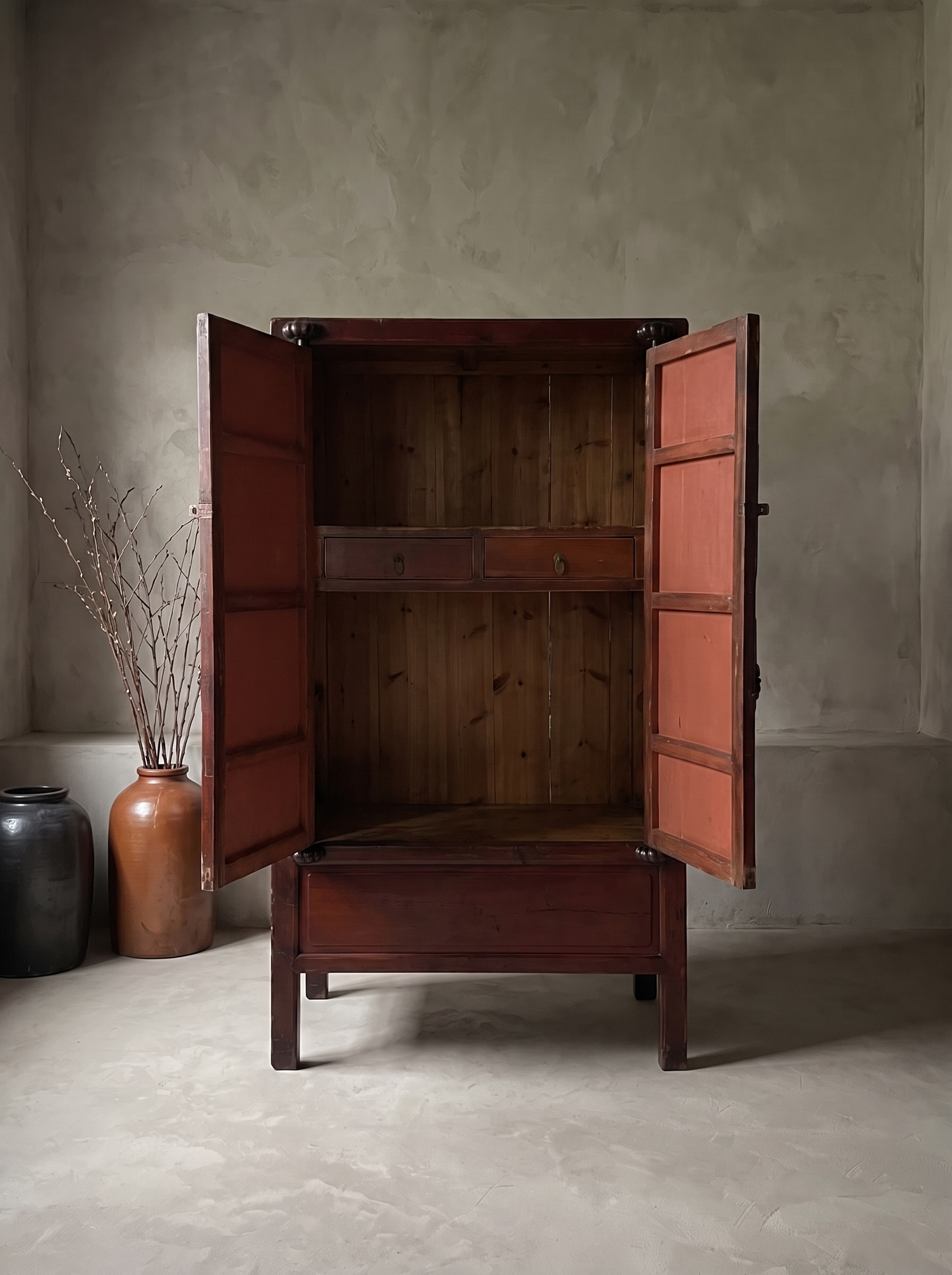 Interior view, both doors open, showing shelf, drawers, and open storage