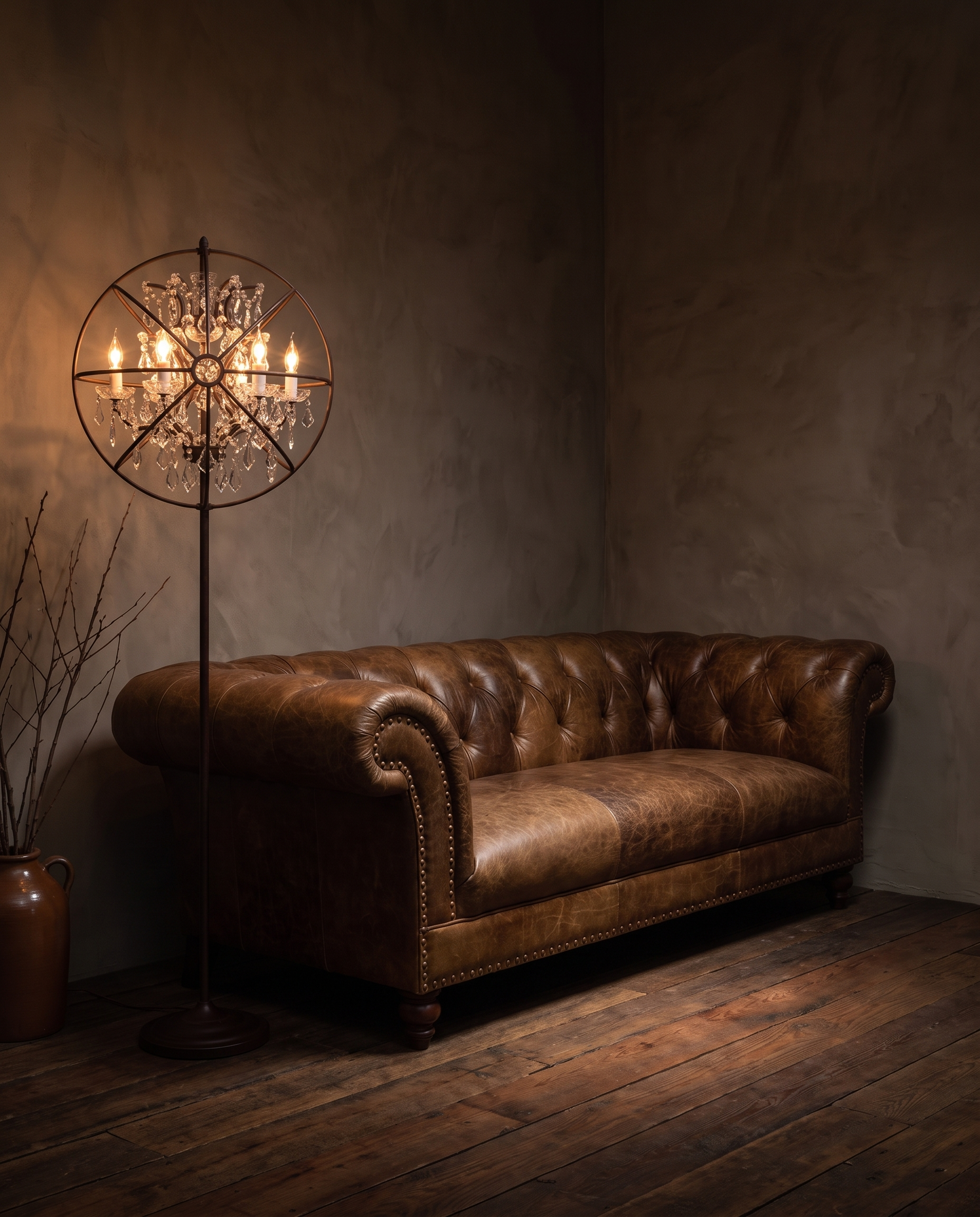 Gyro Crystal Floor Lamp by Timothy Oulton beside The Umber Chesterfield in a sultry corner with rich reclaimed redwood floors