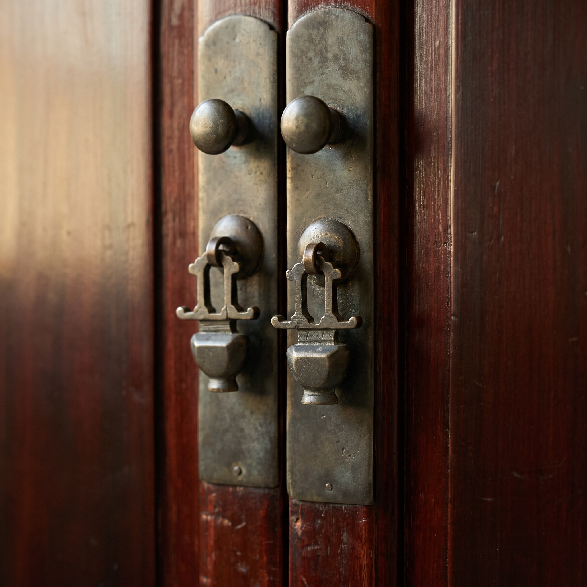 Macro detail of the ornate cast brass center-door latch hardware