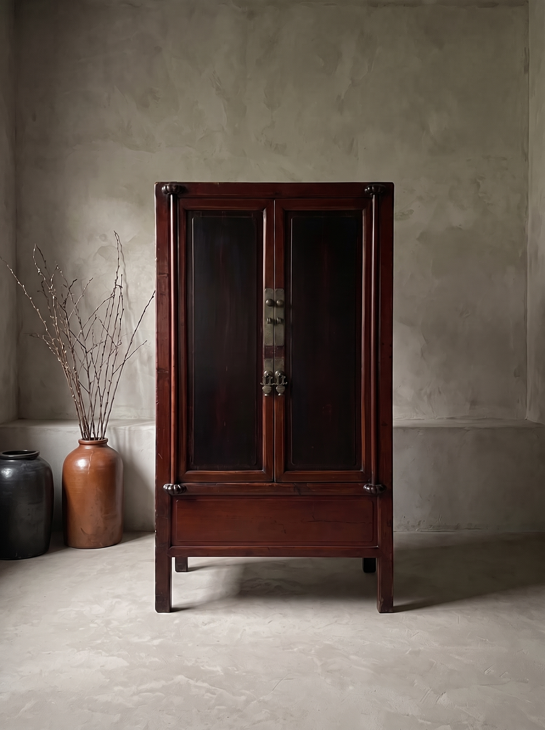 Antique oxblood lacquer Chinese armoire, front view, doors closed