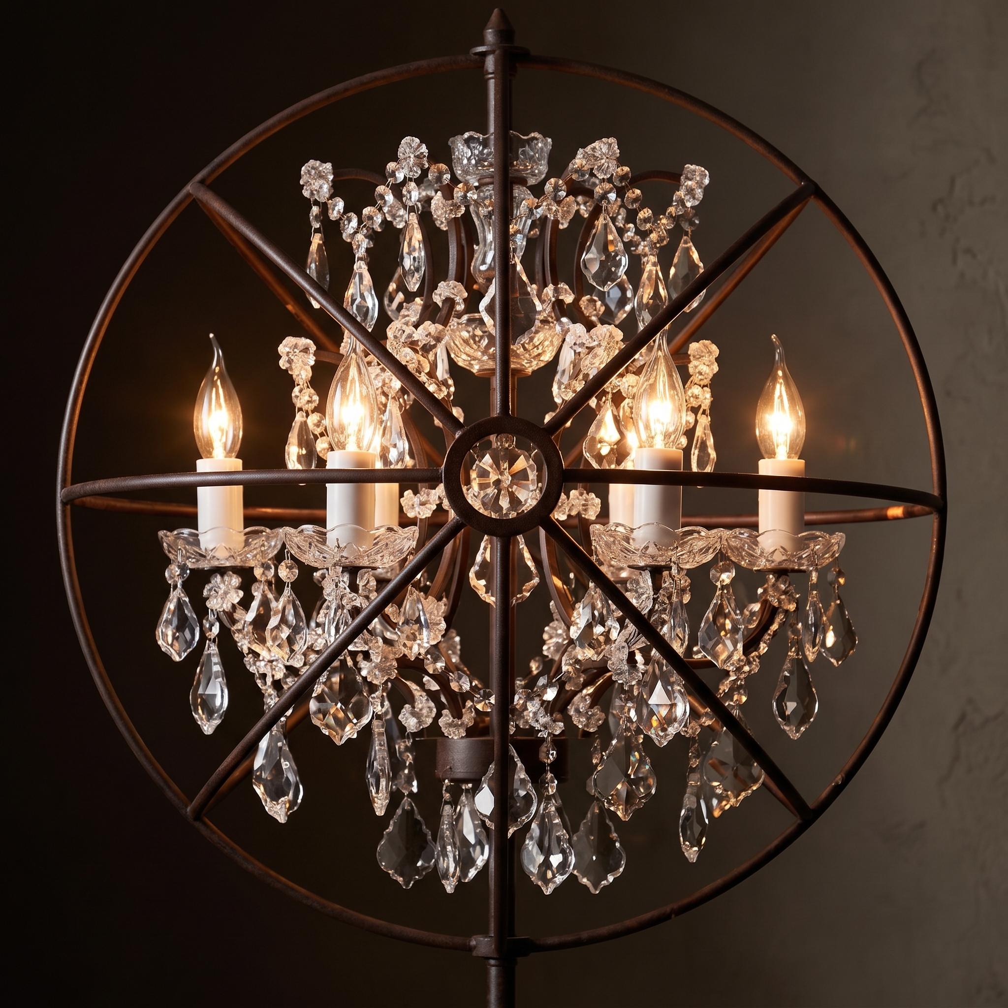 Macro close-up of the Gyro Crystal Floor Lamp's chandelier and iron rings, glowing warm and sultry in low amber light