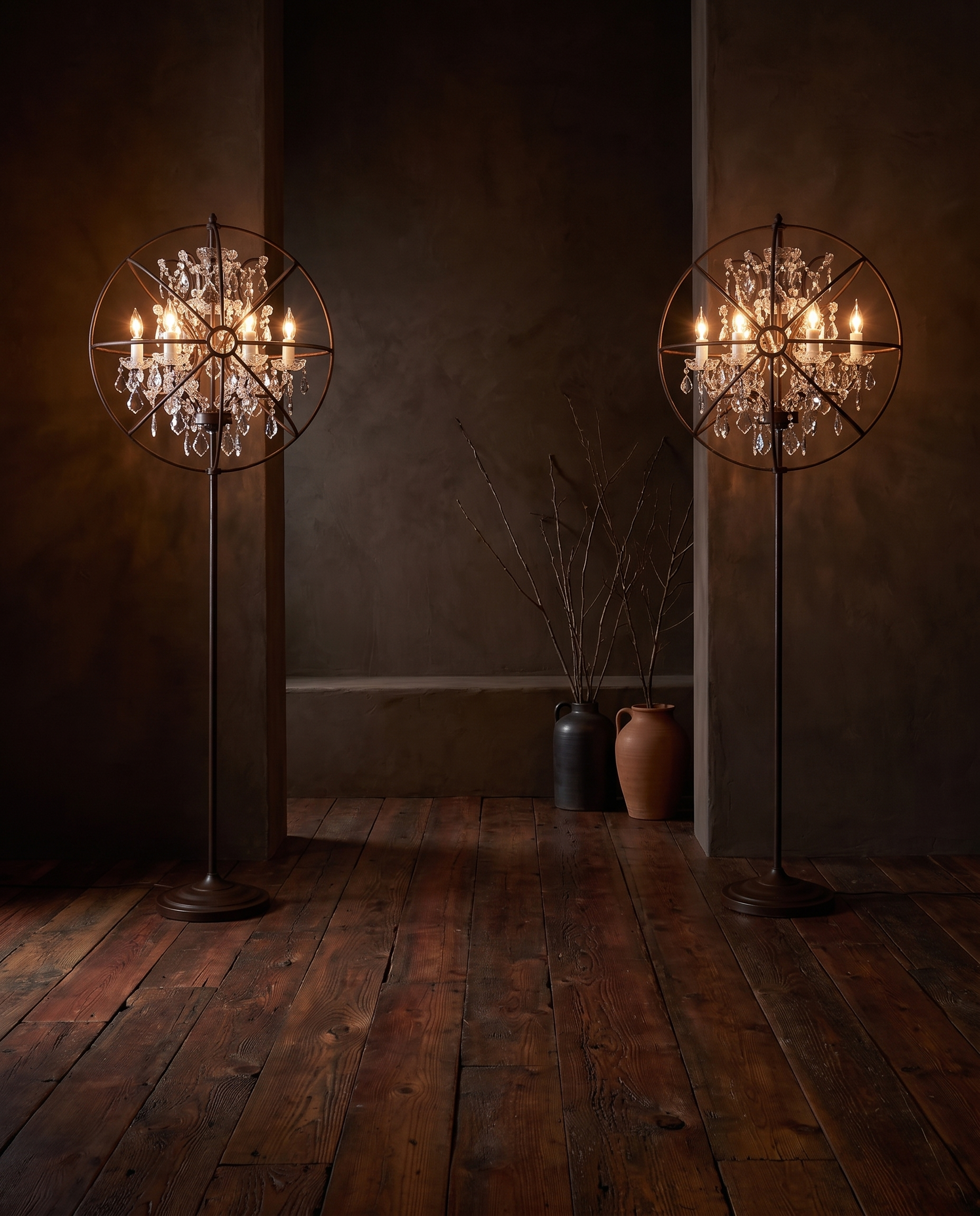 Pair of Gyro Crystal Floor Lamps by Timothy Oulton in antique rust, glowing warm and sultry over rich reclaimed redwood floors