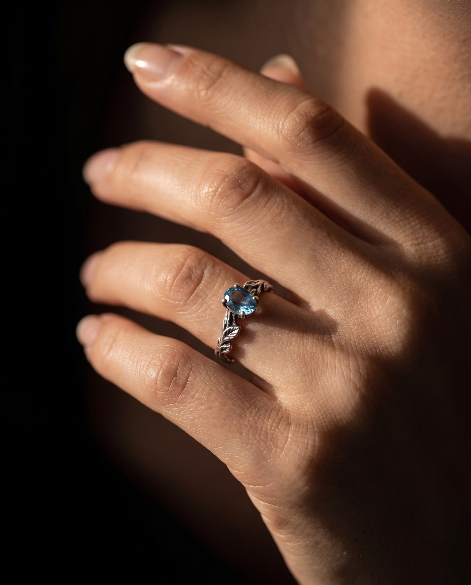 Model wearing Blue Topaz Twig Ring