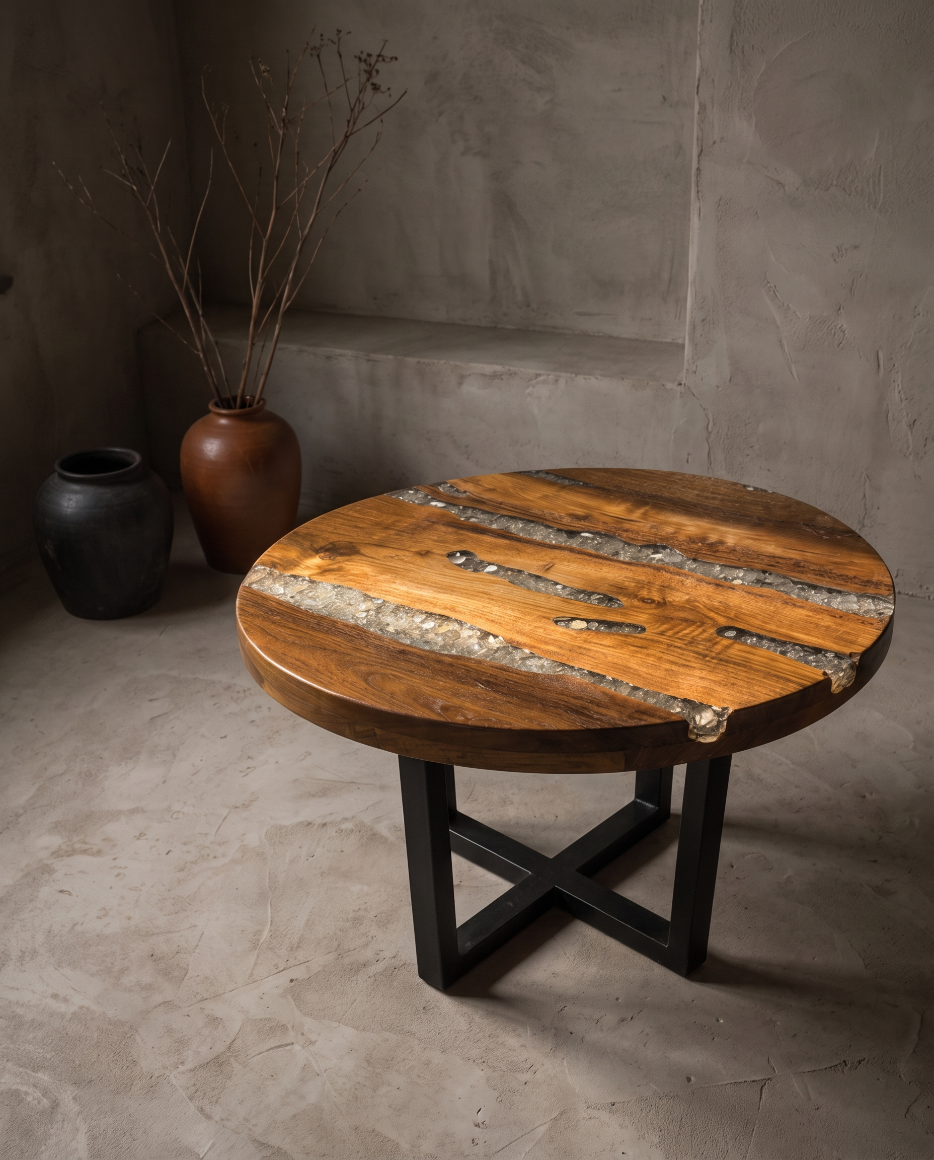Creeklight Parlor Table, round hardwood and crushed glass river coffee table on a matte black steel X-frame base, in a greige plaster room