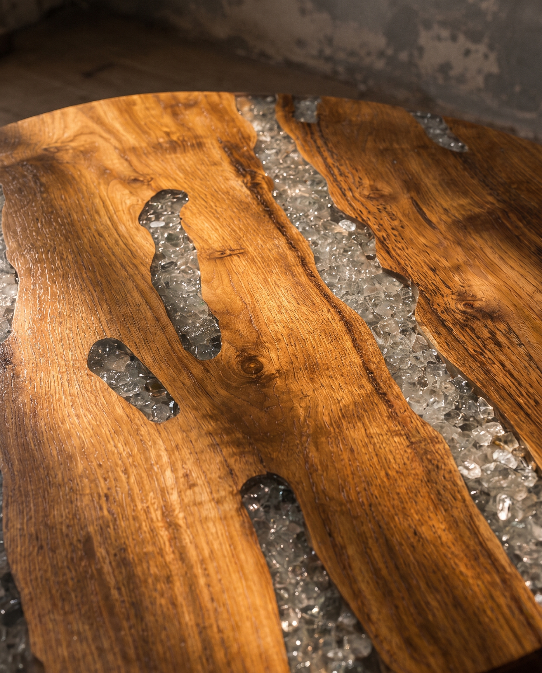 Close-up detail of the Creeklight Parlor Table wood grain and crushed glass river inlay