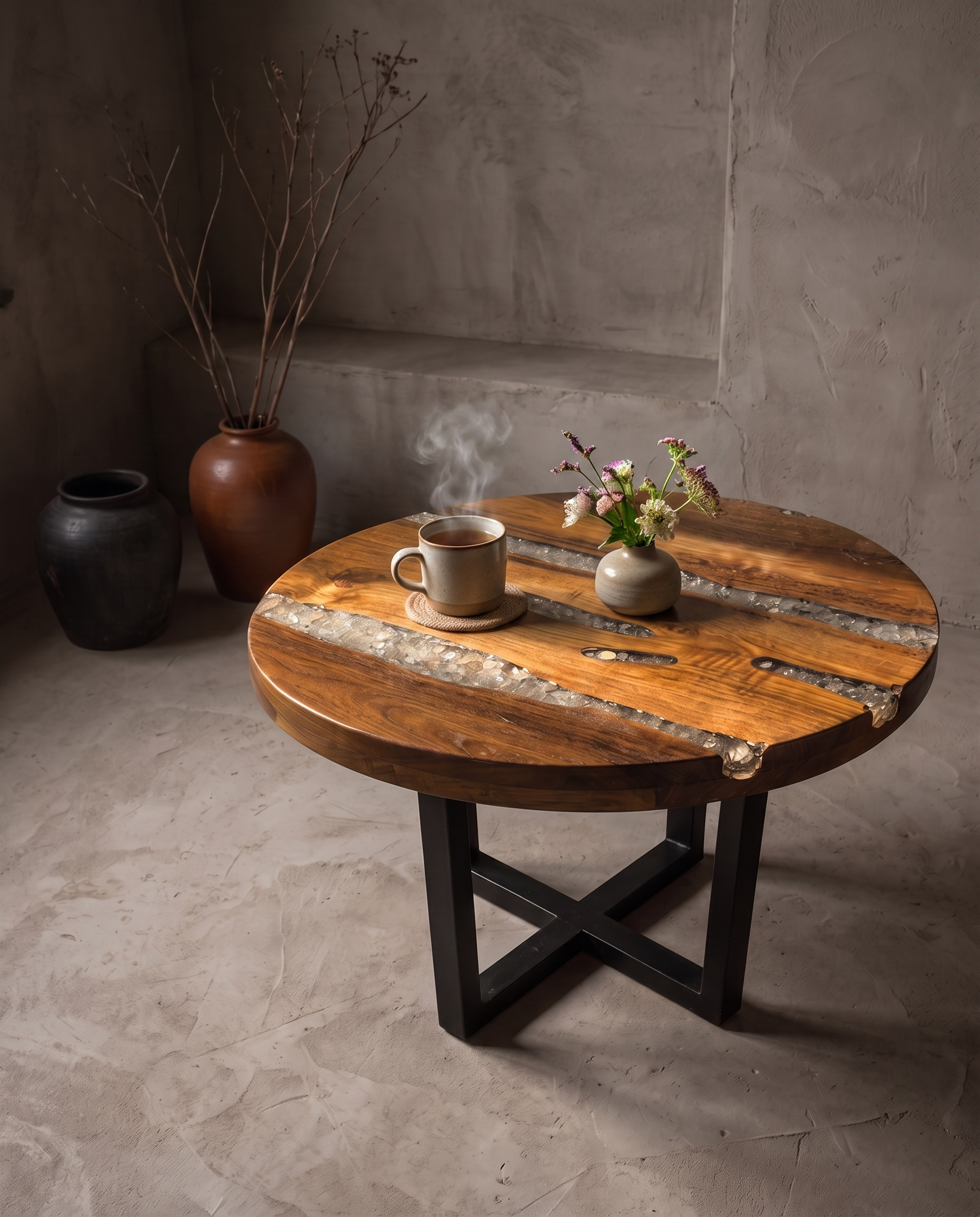 Creeklight Parlor Table styled with a steaming mug on a coaster and fresh flowers