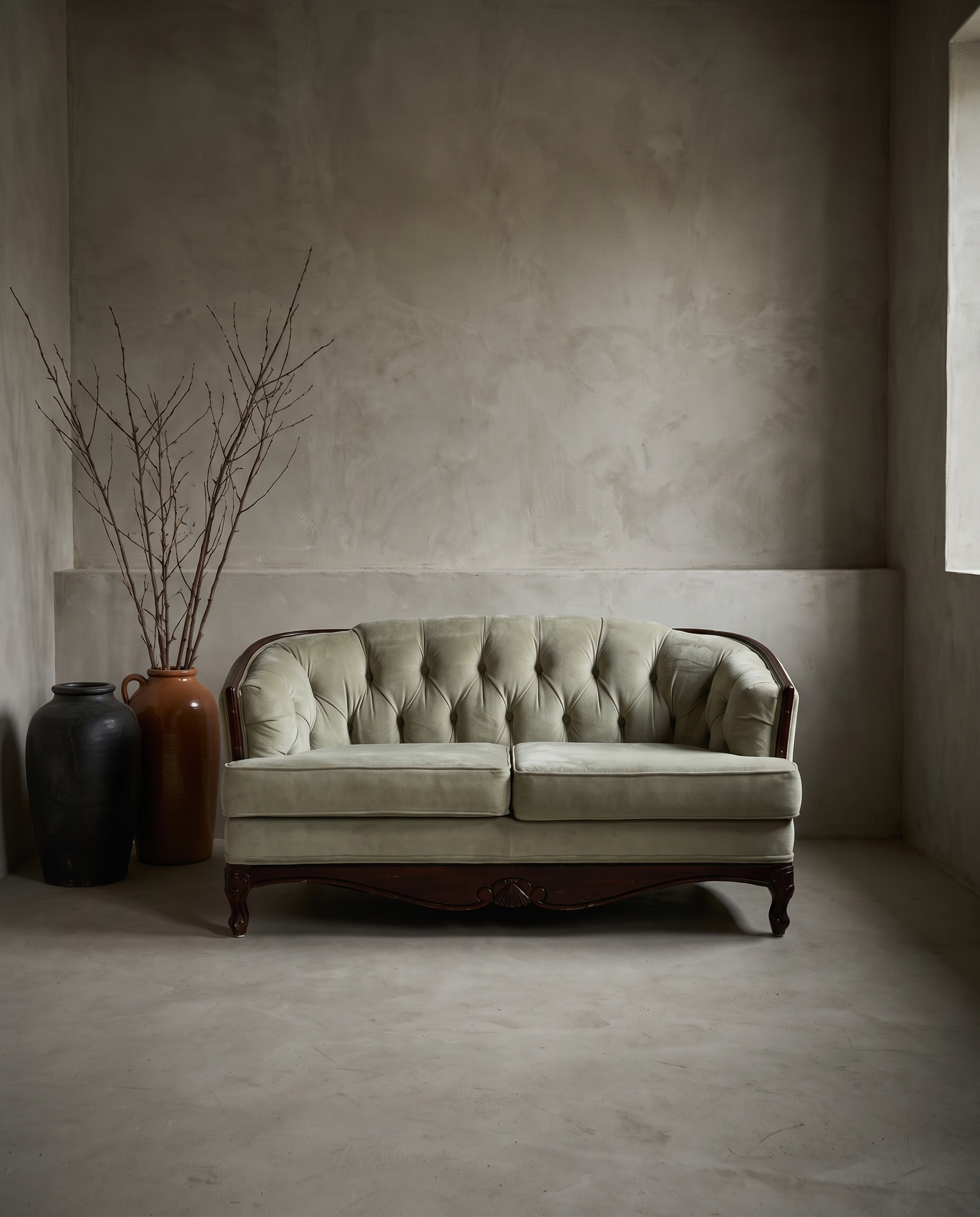 Sage diamond-tufted loveseat, front three-quarter hero view in a greige plaster room