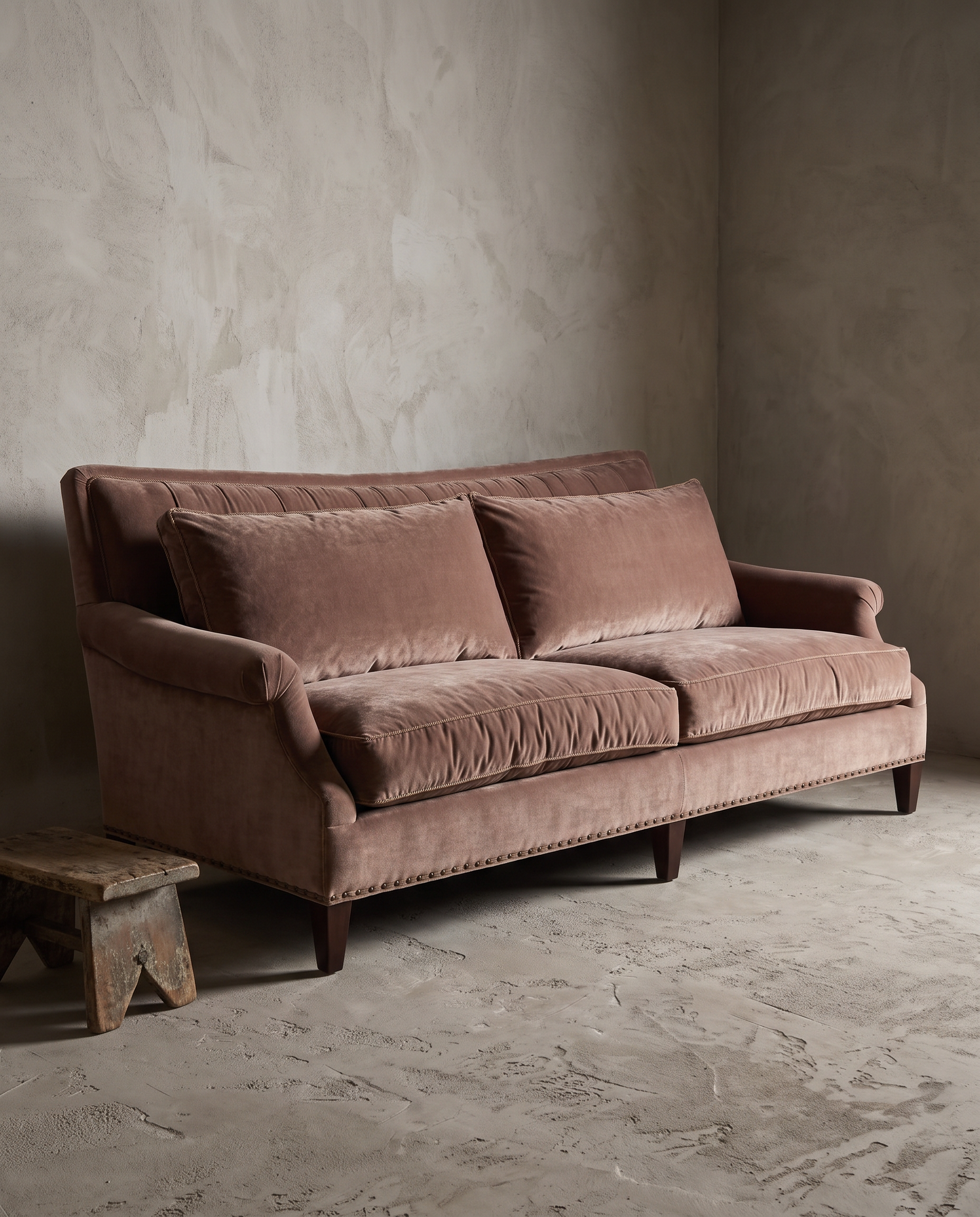 Taylor King dusty rose velvet sofa, 45 degree view showing full form and construction