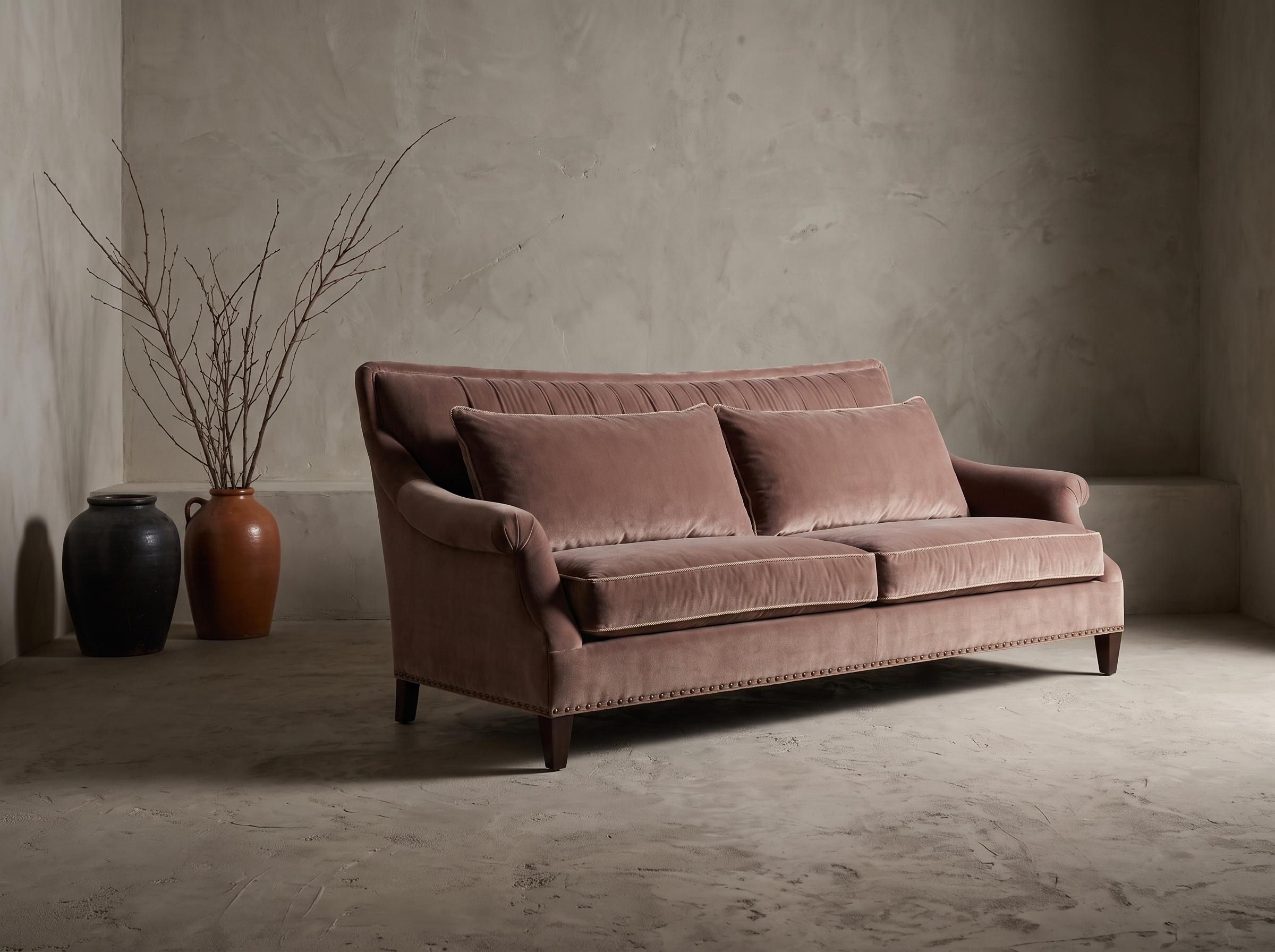 Taylor King dusty rose velvet English roll-arm sofa, lifestyle hero shot in a greige plaster room