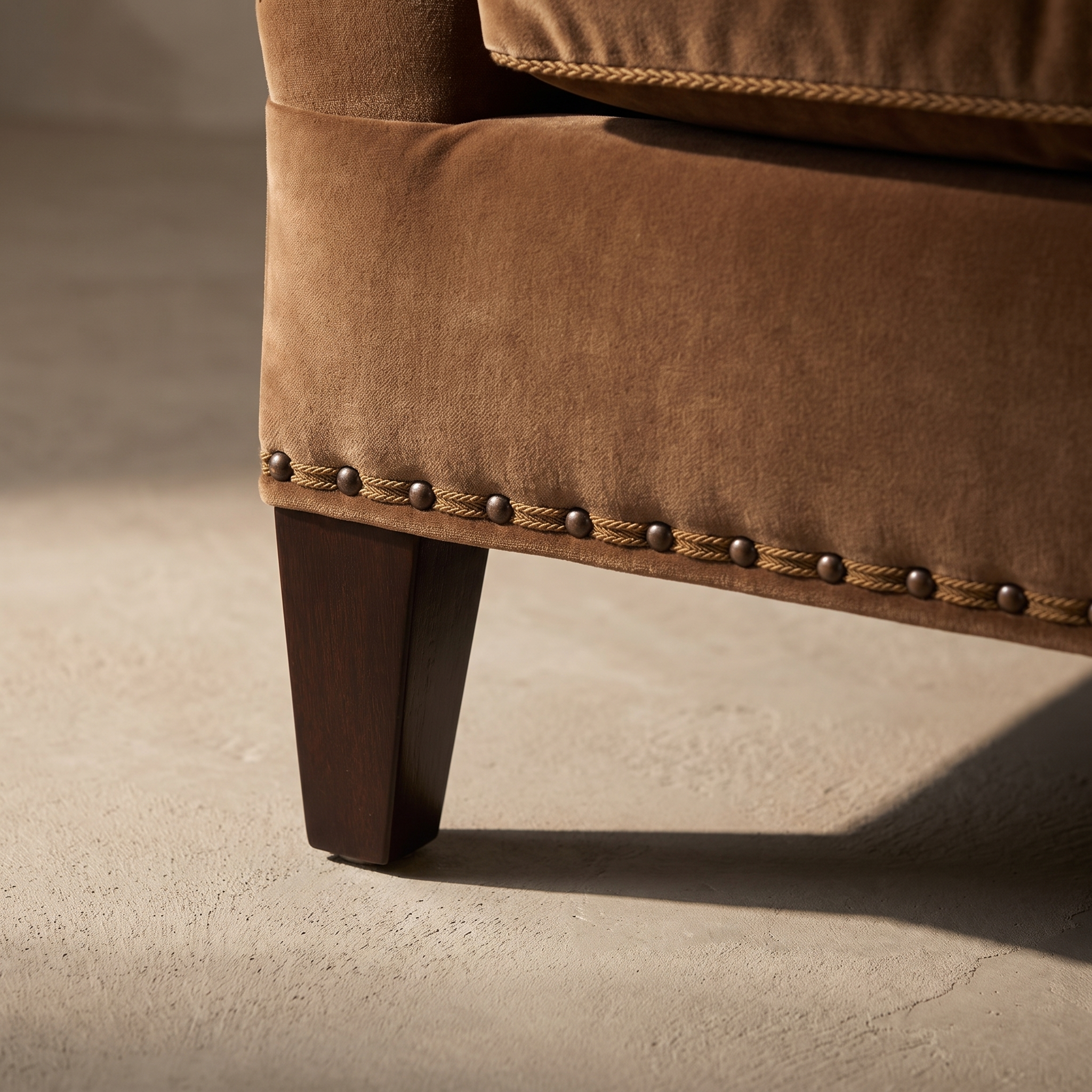 Detail of the tapered leg and bronze nailhead trim on the Taylor King sofa