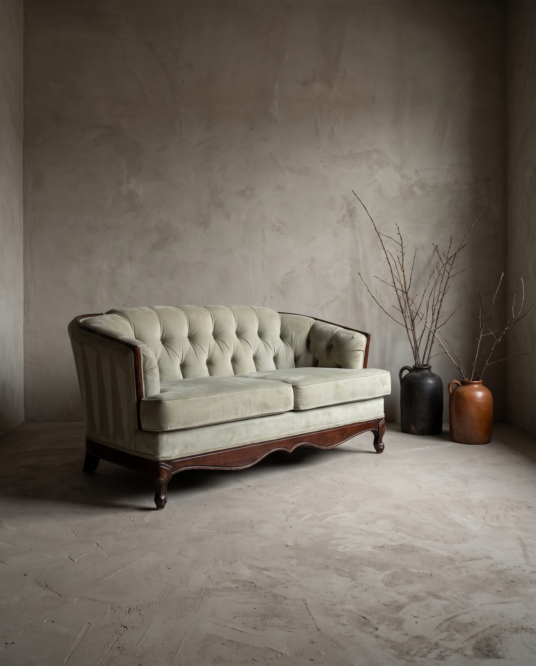 Sage diamond-tufted loveseat, angled three-quarter view showing channel-tufted side wing and cabriole legs