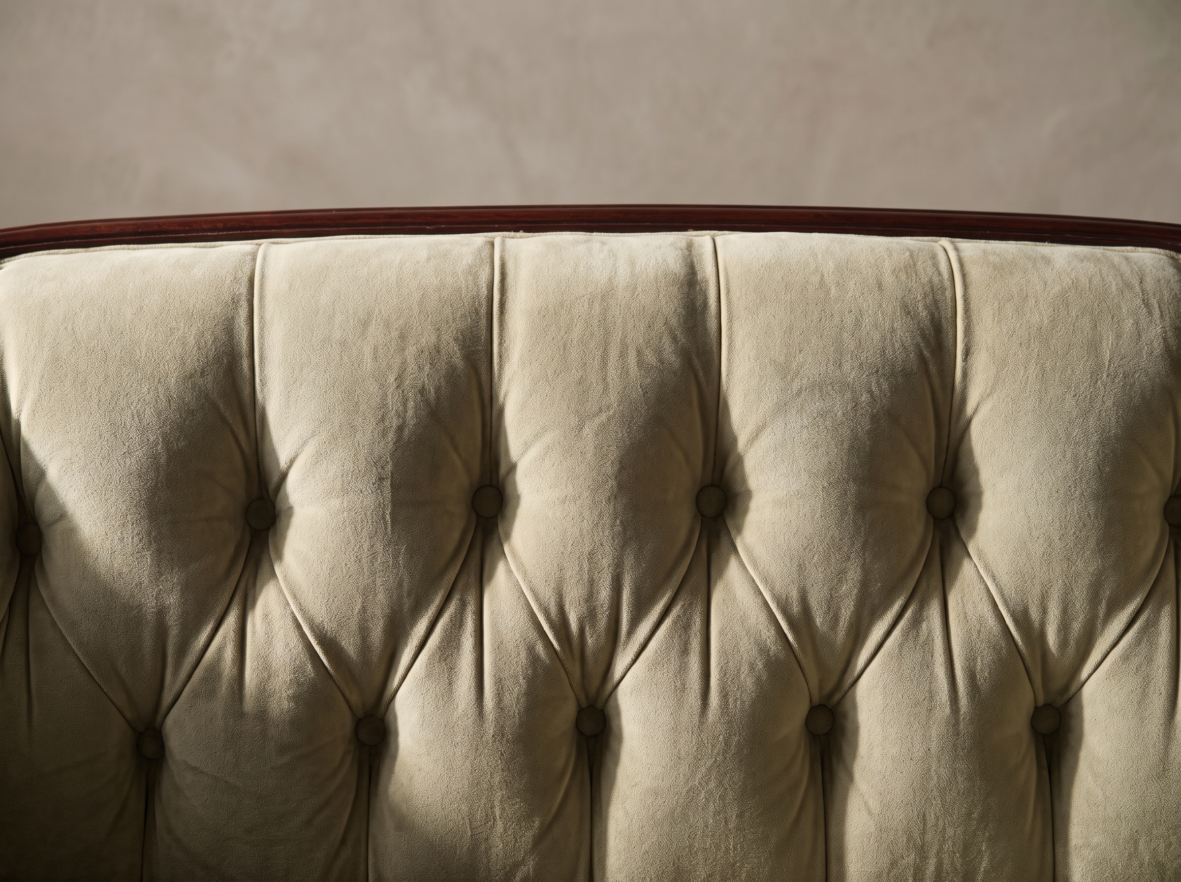 Macro detail of the center back diamond button-tufting and dark wood crest rail