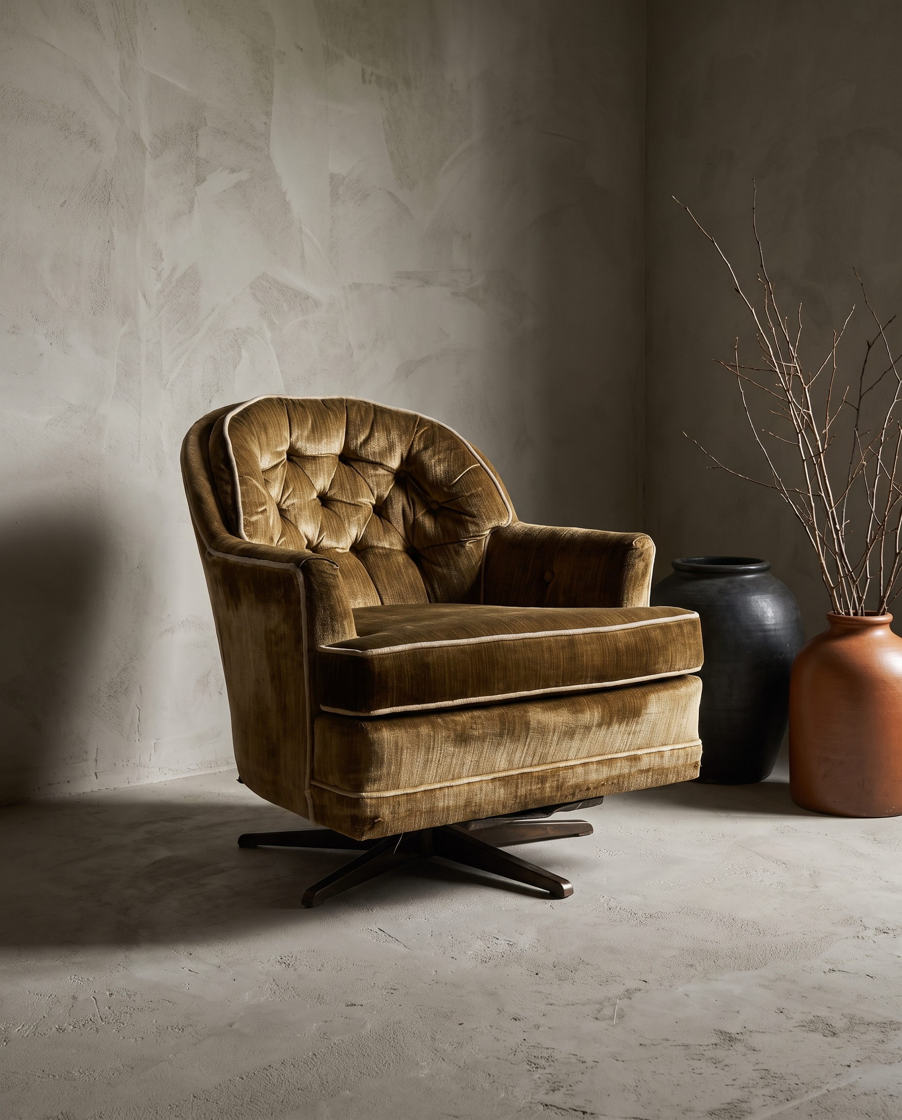 Olive velvet vintage rocking chair, lifestyle hero, greige plaster room with stoneware vessels and dried branches