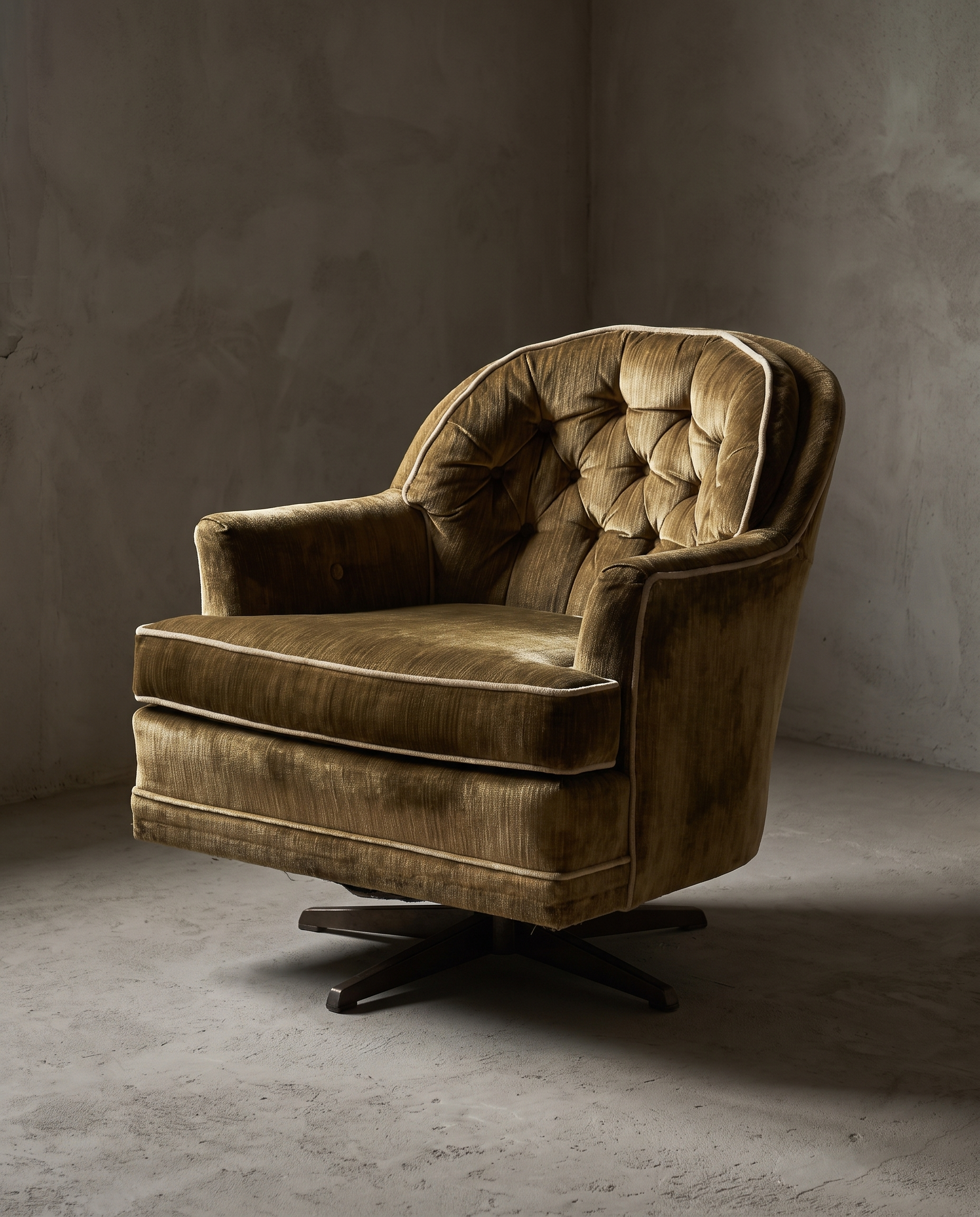 Olive velvet vintage rocking chair, three-quarter view showing full silhouette