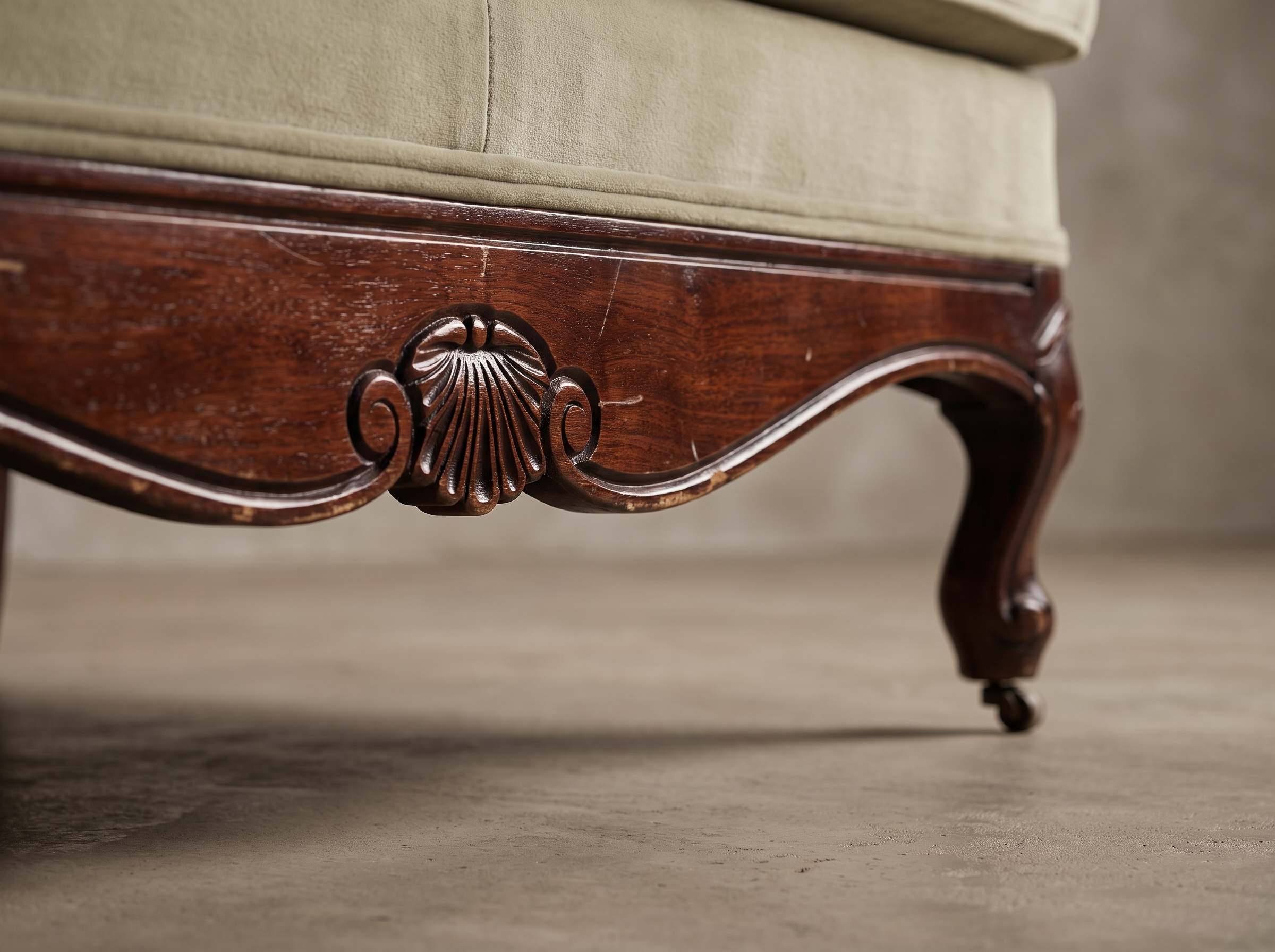 Macro detail of the carved shell apron medallion, cabriole leg, and castor