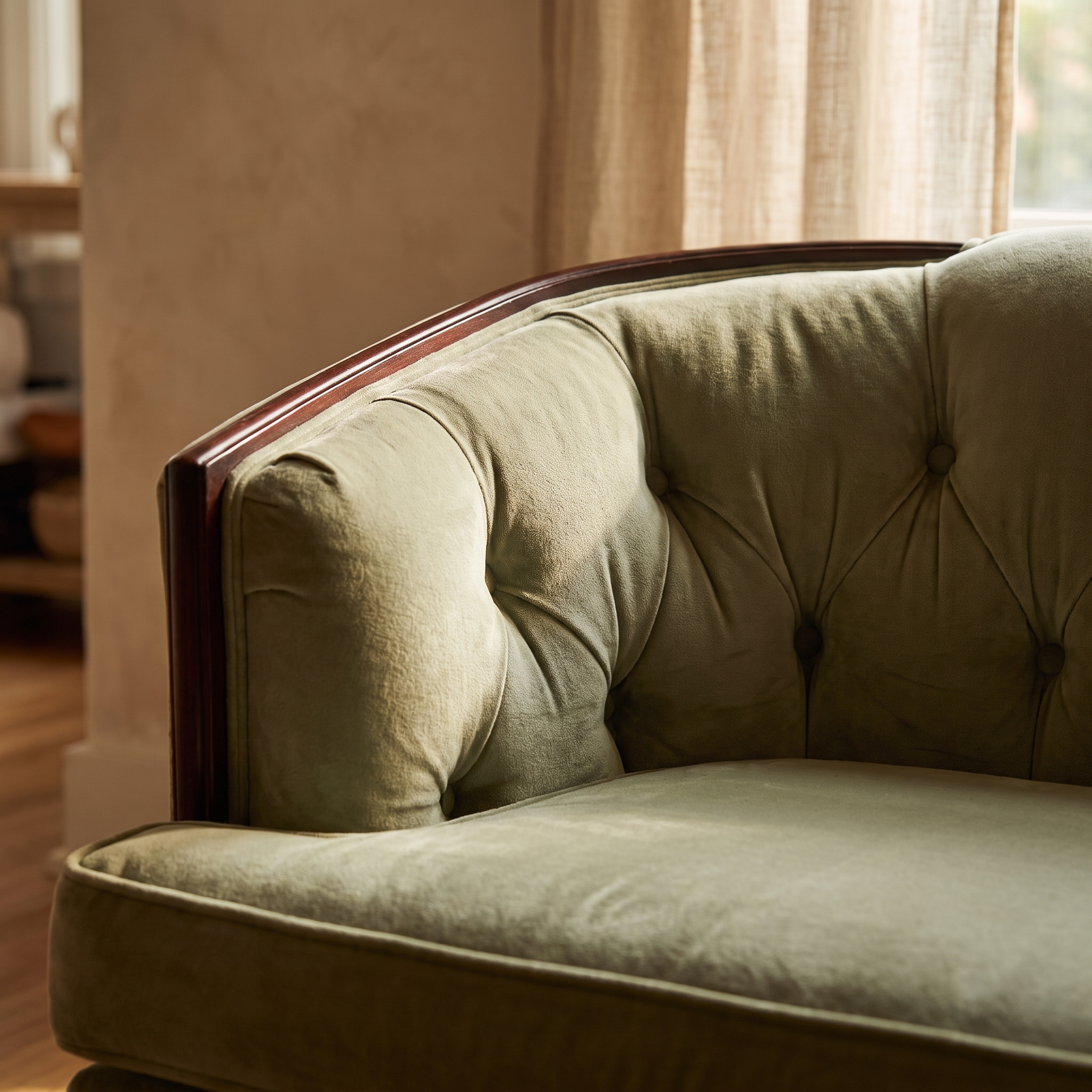 Detail of diamond button tufting and wood top rail on light sage velvet sofa