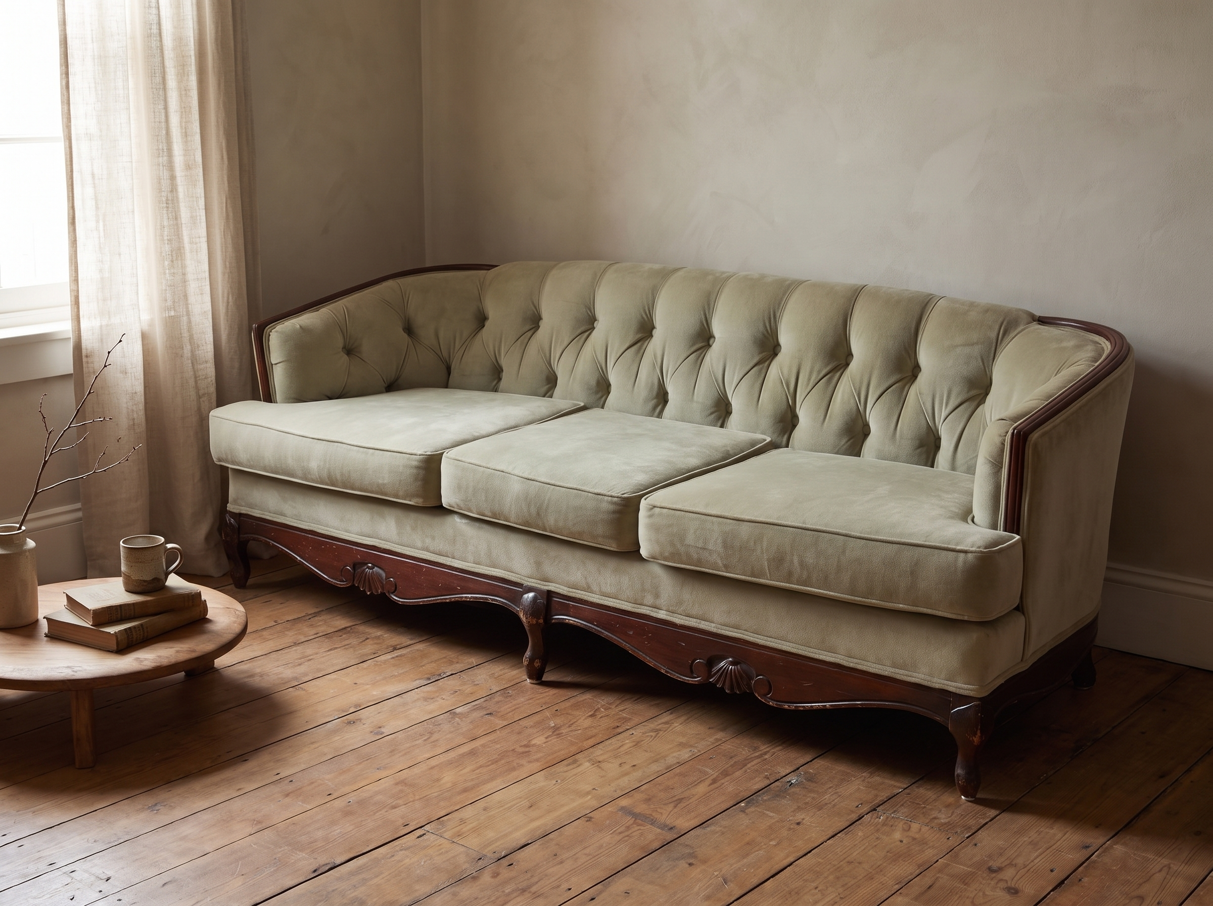Light sage velvet tufted sofa, vintage French Provincial style, in a lived-in room corner with a window and side table