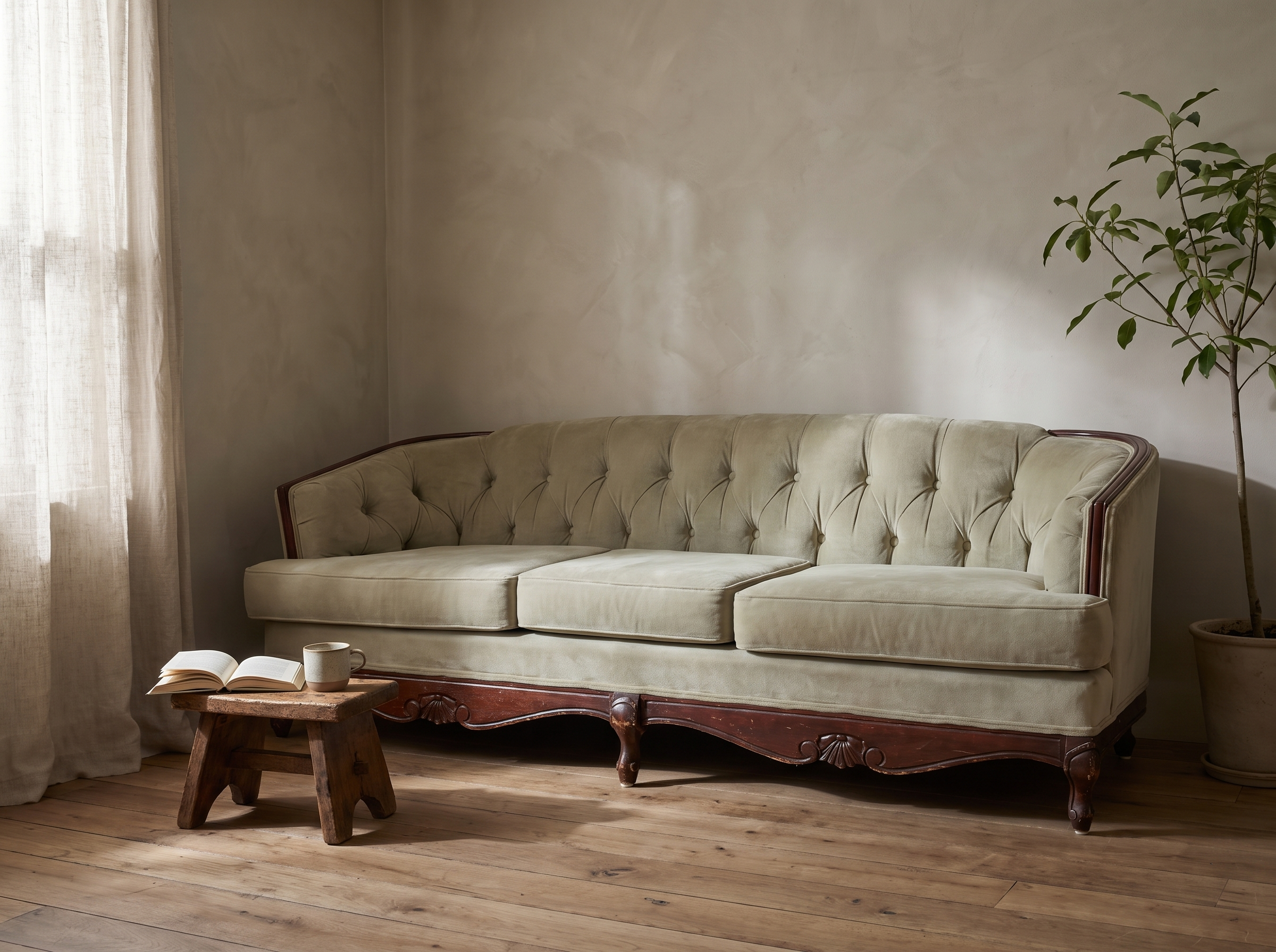 Light sage velvet tufted sofa, lifestyle view in a reading nook with a plant and low stool