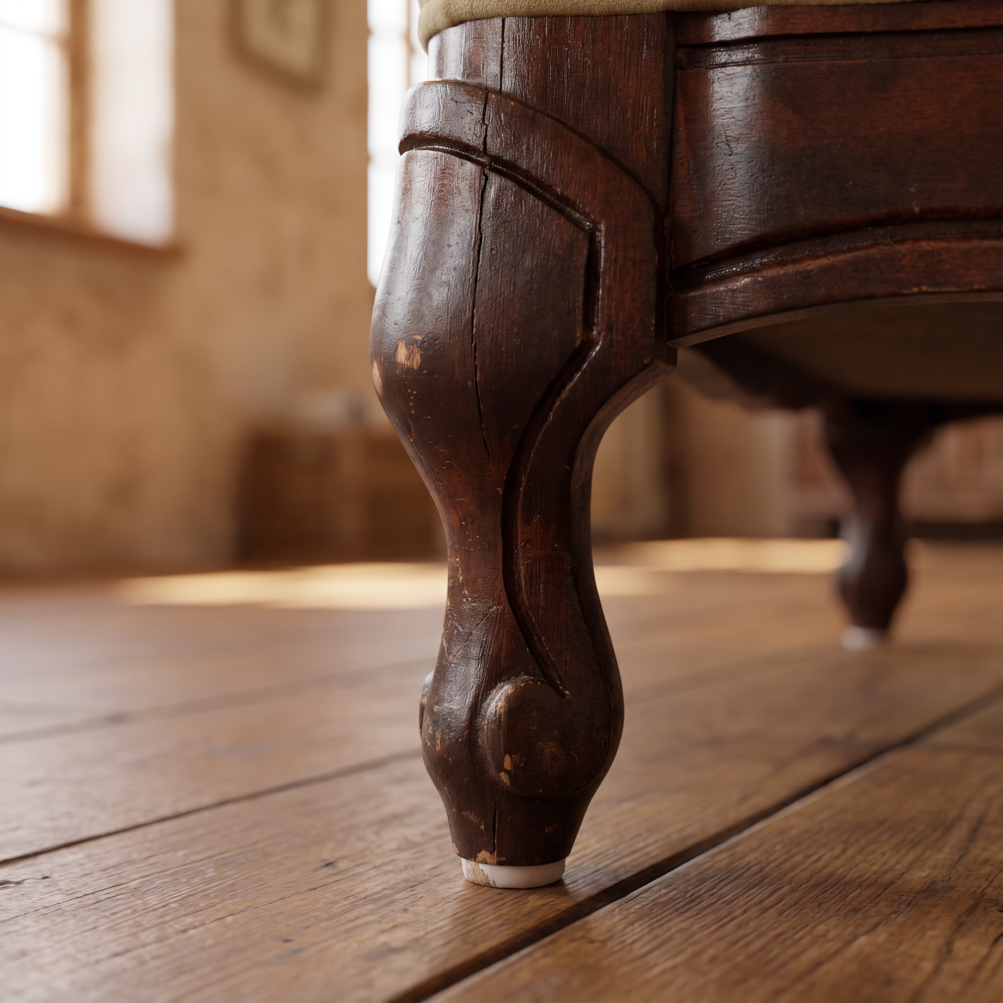 Detail of carved cabriole leg and wear on light sage velvet sofa