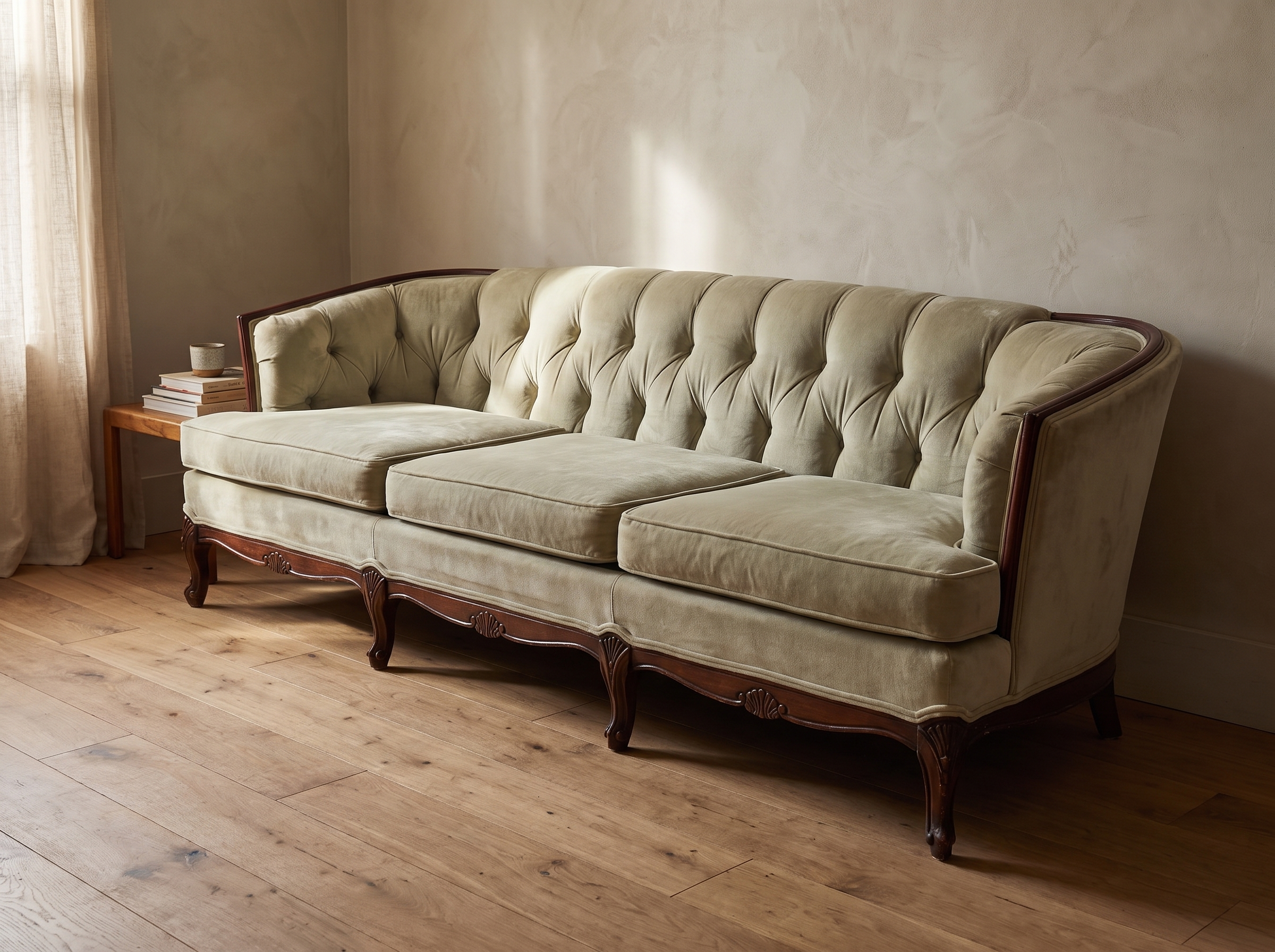 Light sage velvet tufted sofa, 45 degree three-quarter view showing full length and construction in a lived-in room