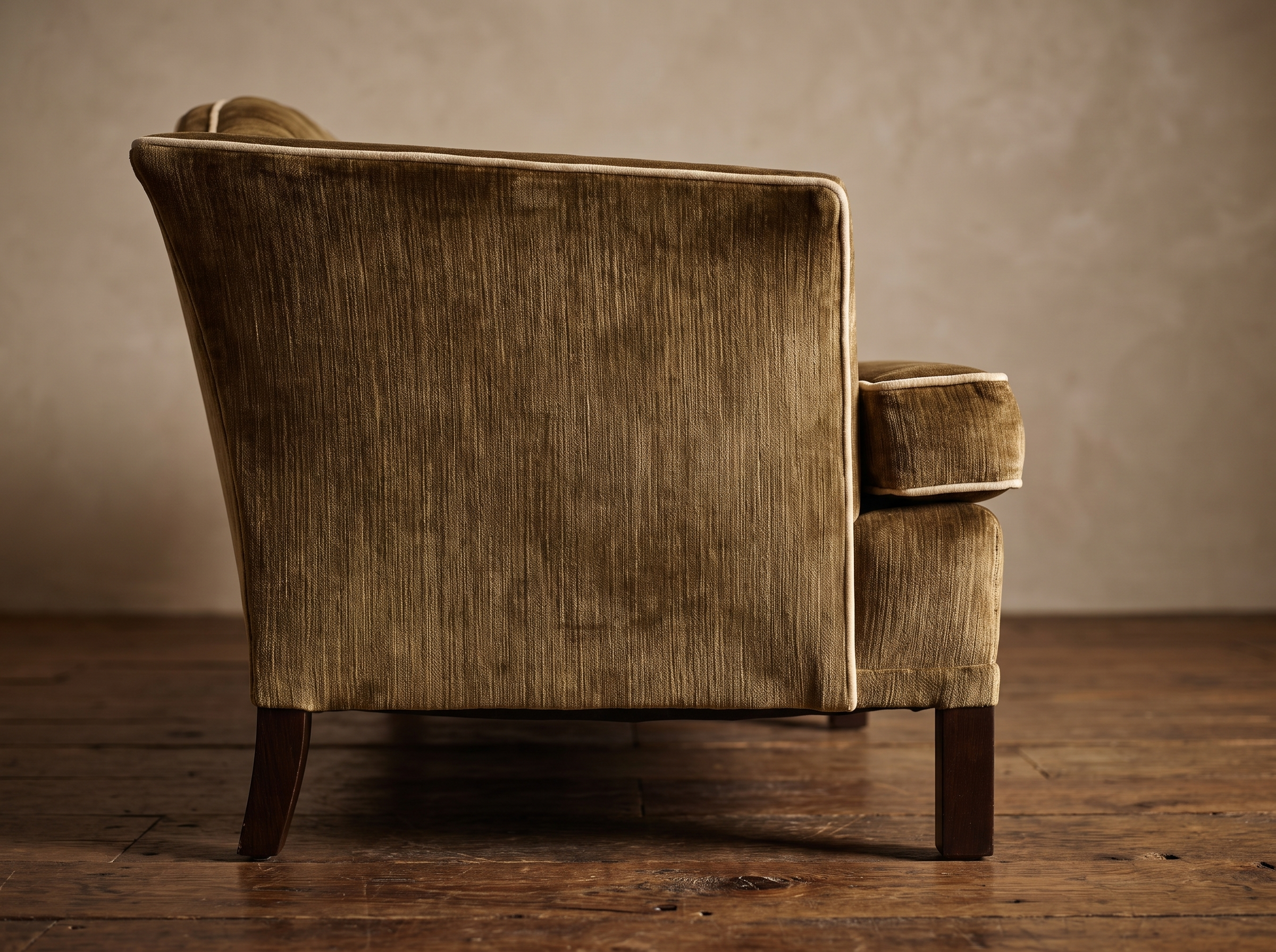 Detail of the sofa arm, ivory welt piping, and tapered wood leg