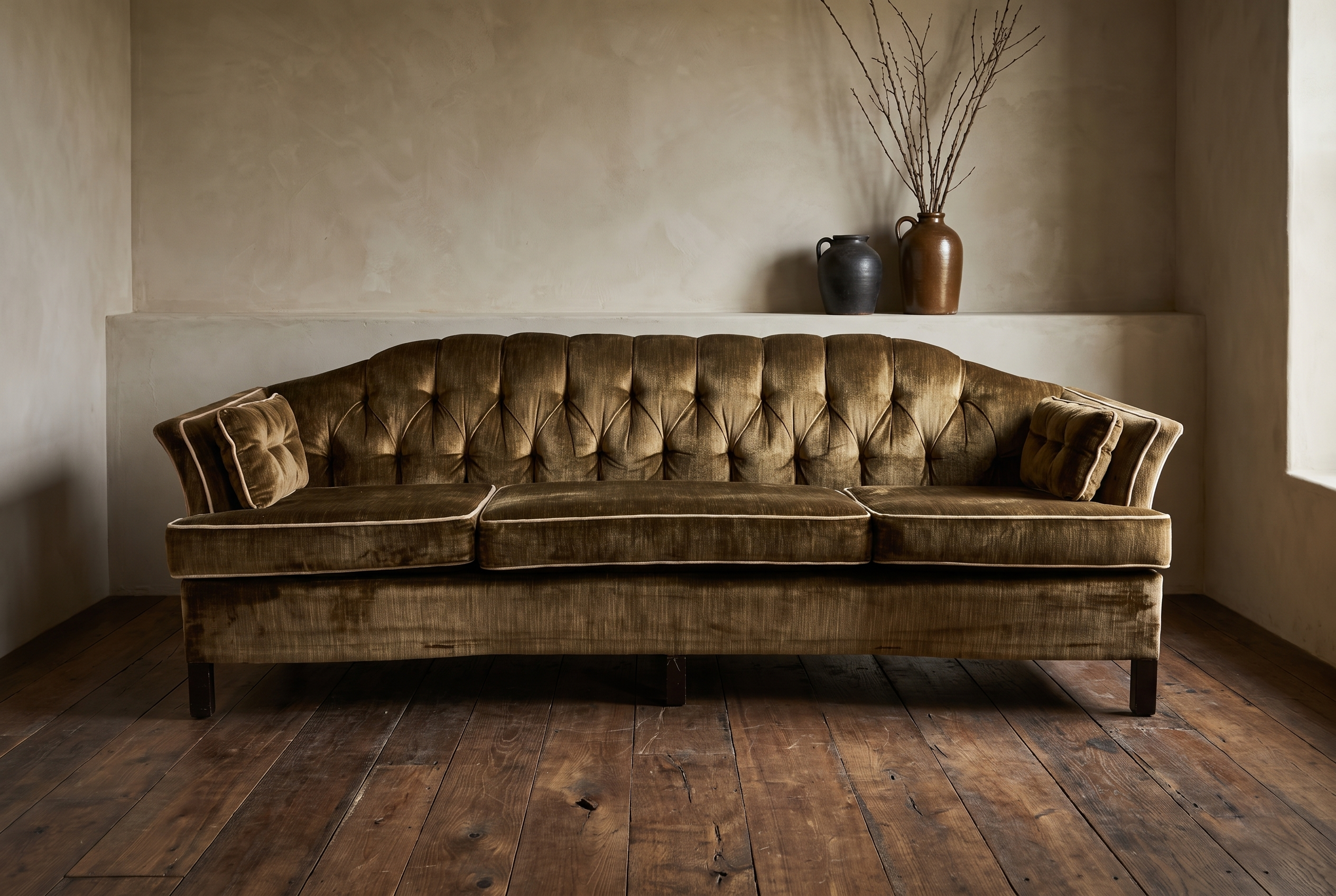 Olive velvet vintage tufted sofa, lifestyle view in a cozy room with reclaimed wood floor