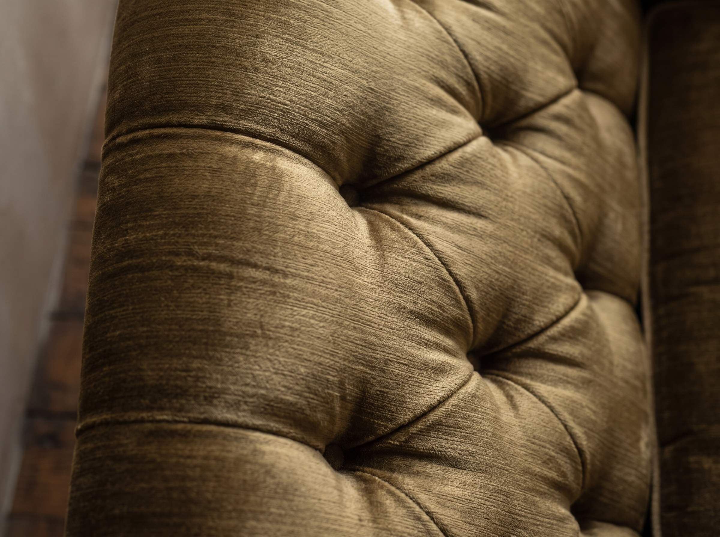 Macro detail of the diamond tufting and olive strie velvet texture