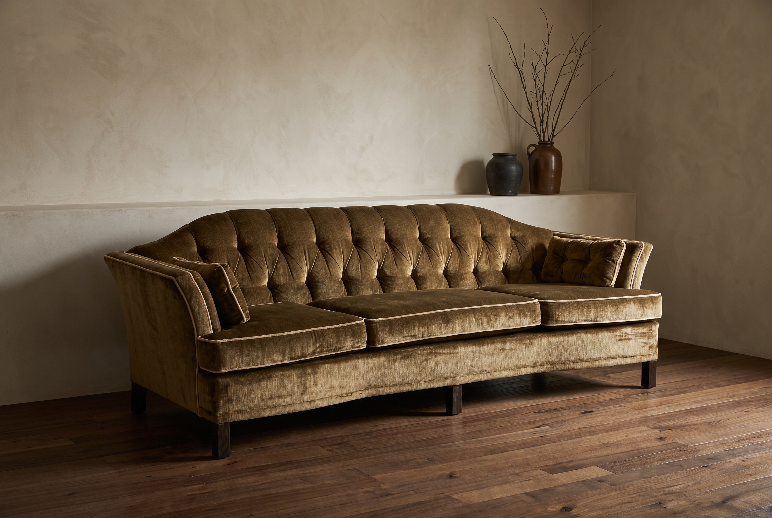 Olive velvet vintage tufted sofa, three-quarter angle showing curved front rail and tufted back