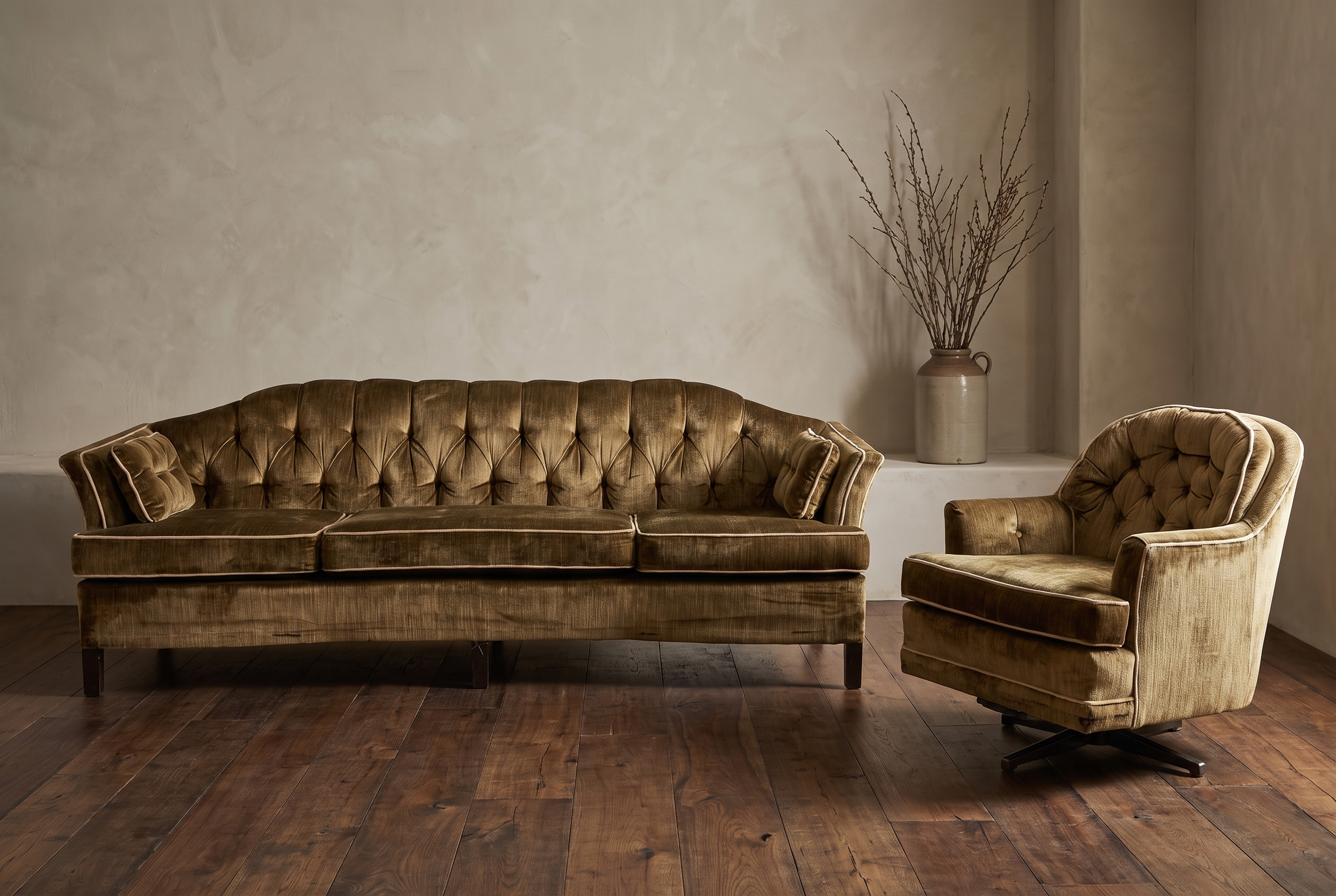 Olive velvet vintage sofa paired with its matching swivel armchair