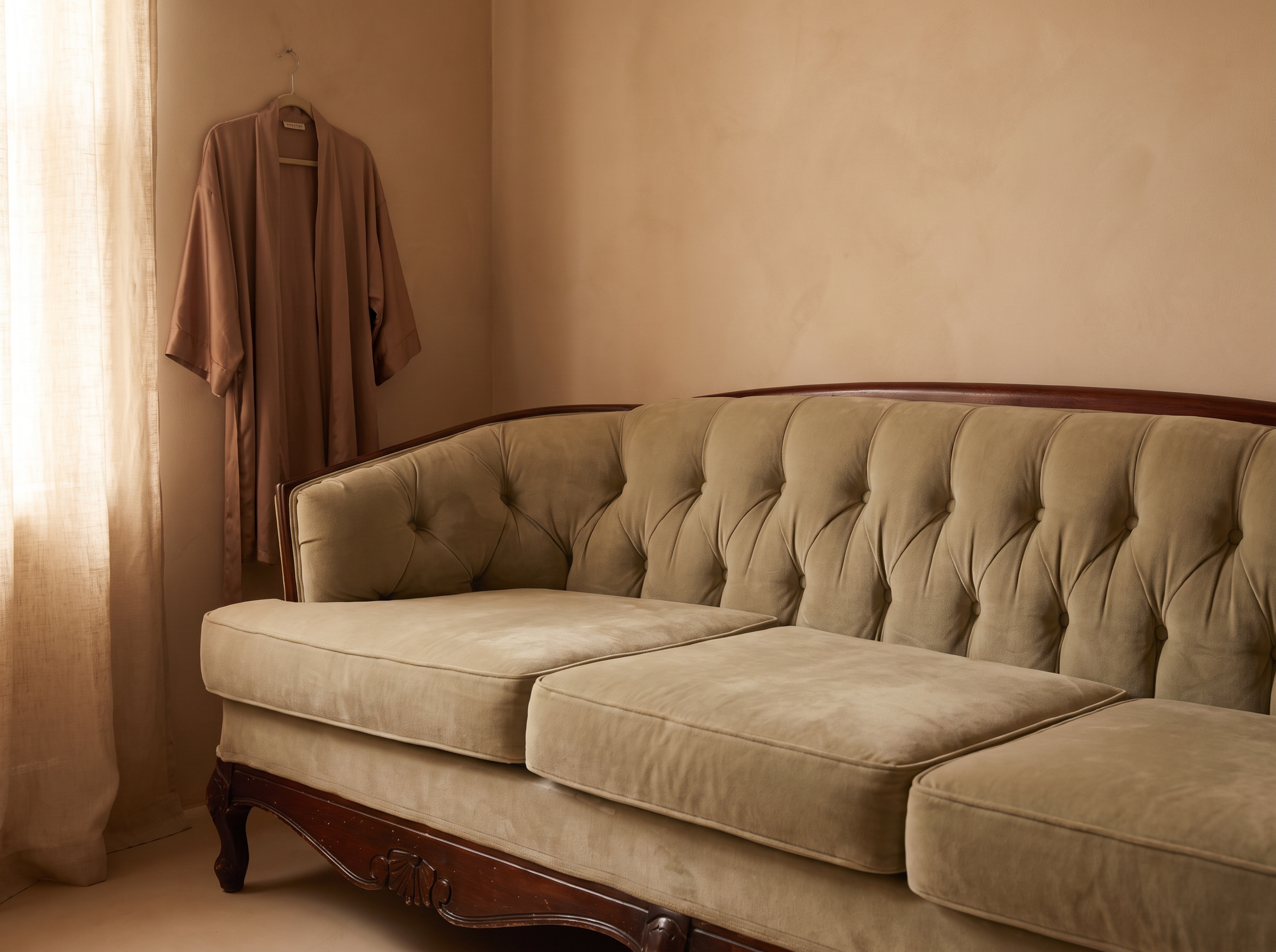 Light sage velvet tufted sofa, close warm view with a silk robe hanging nearby