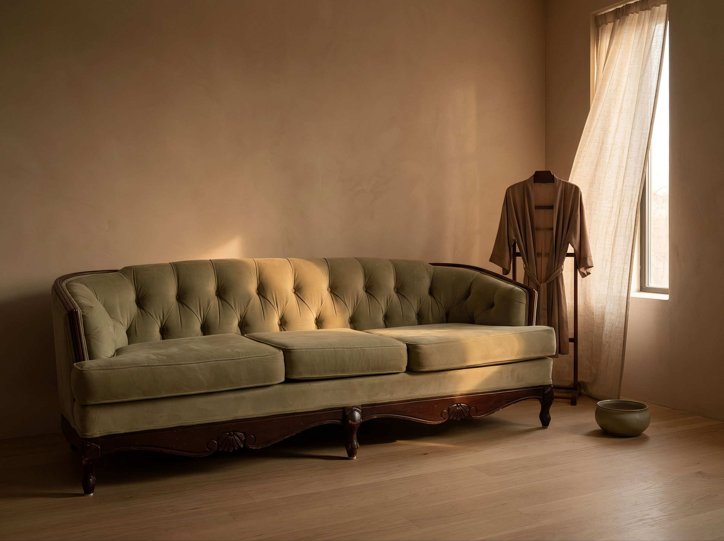 Light sage velvet tufted sofa, vintage French Provincial style, in a warm quiet corner with a robe hung by the window