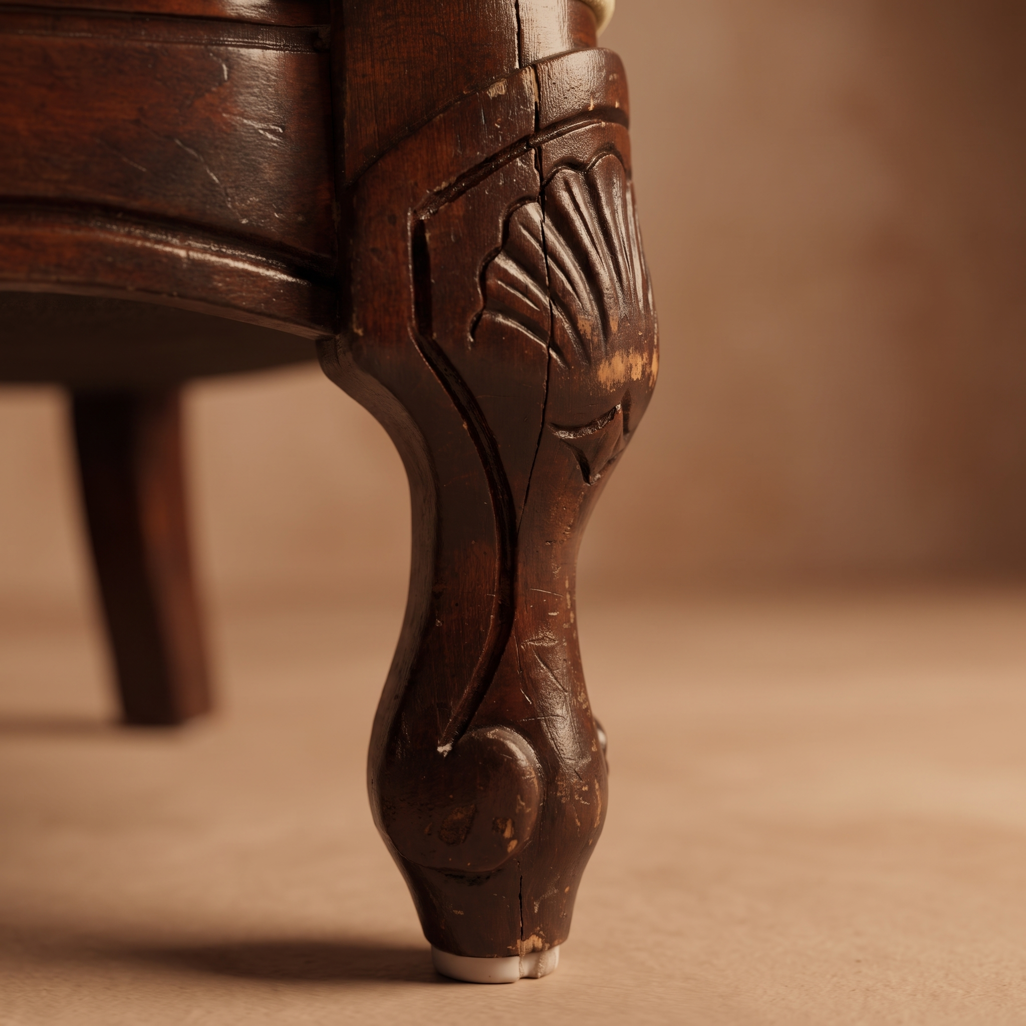 Detail of carved cabriole leg and wear on light sage velvet sofa