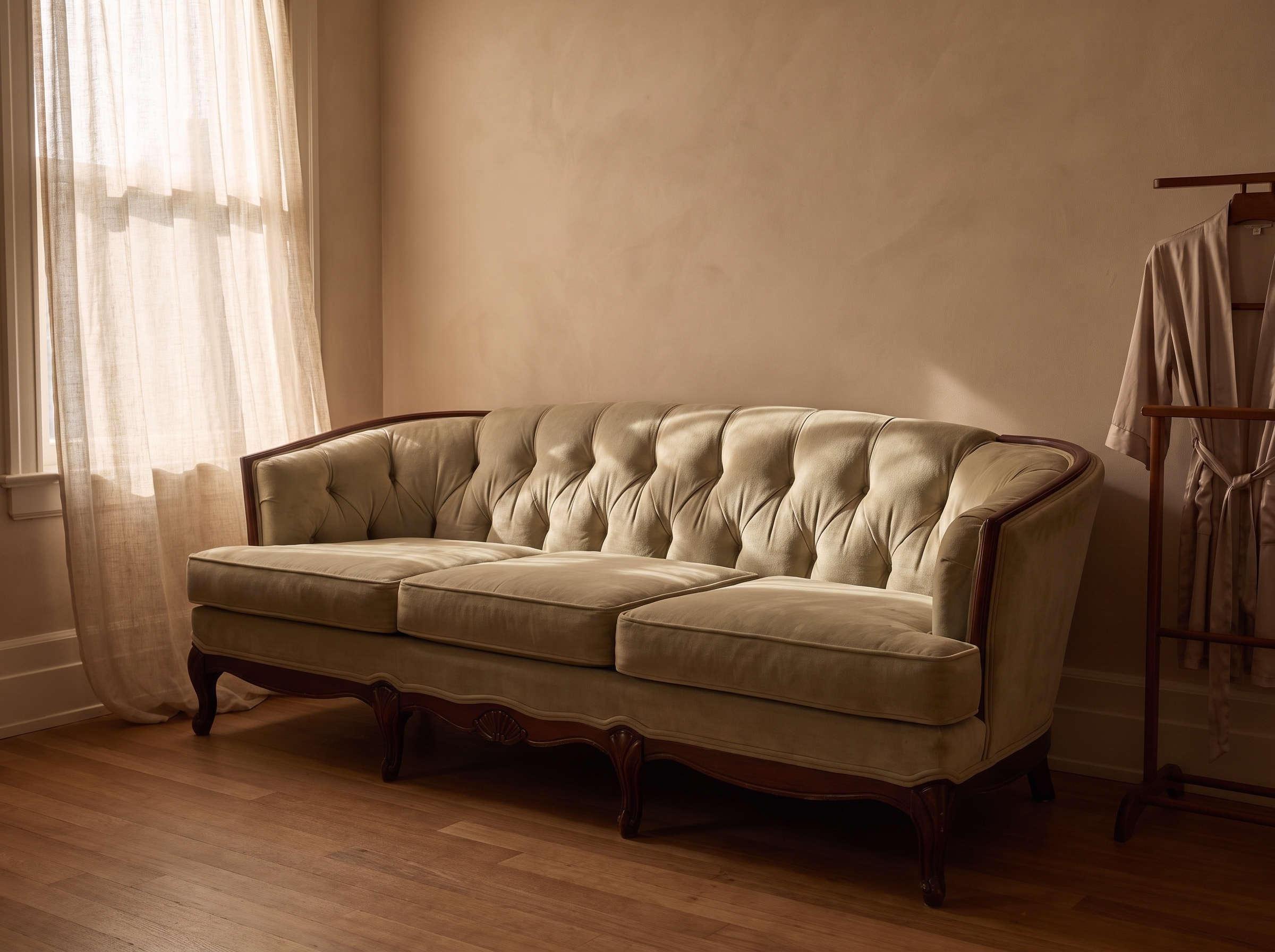 Light sage velvet tufted sofa, 45 degree three-quarter view showing full length and construction in warm low light