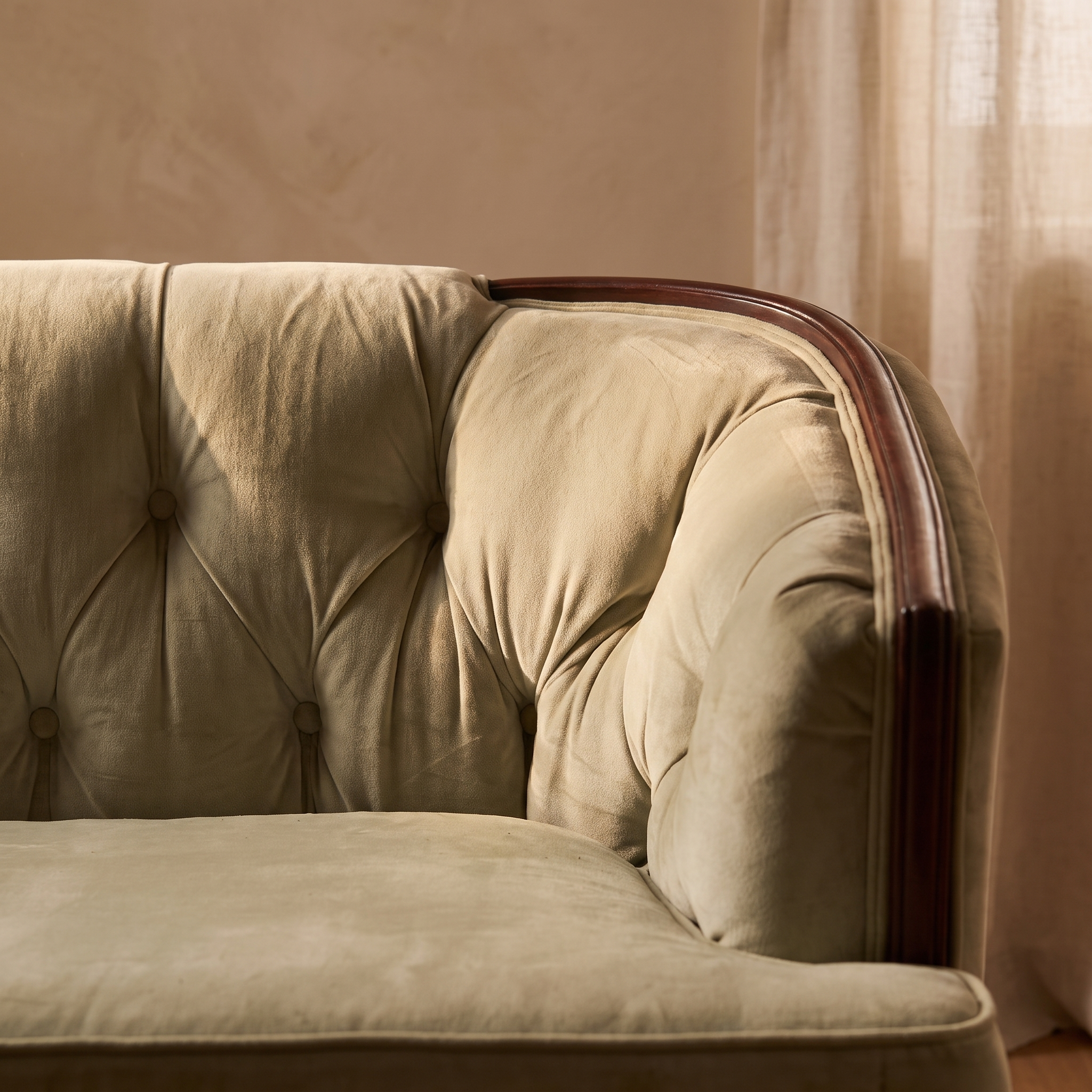 Detail of diamond button tufting and wood top rail on light sage velvet sofa