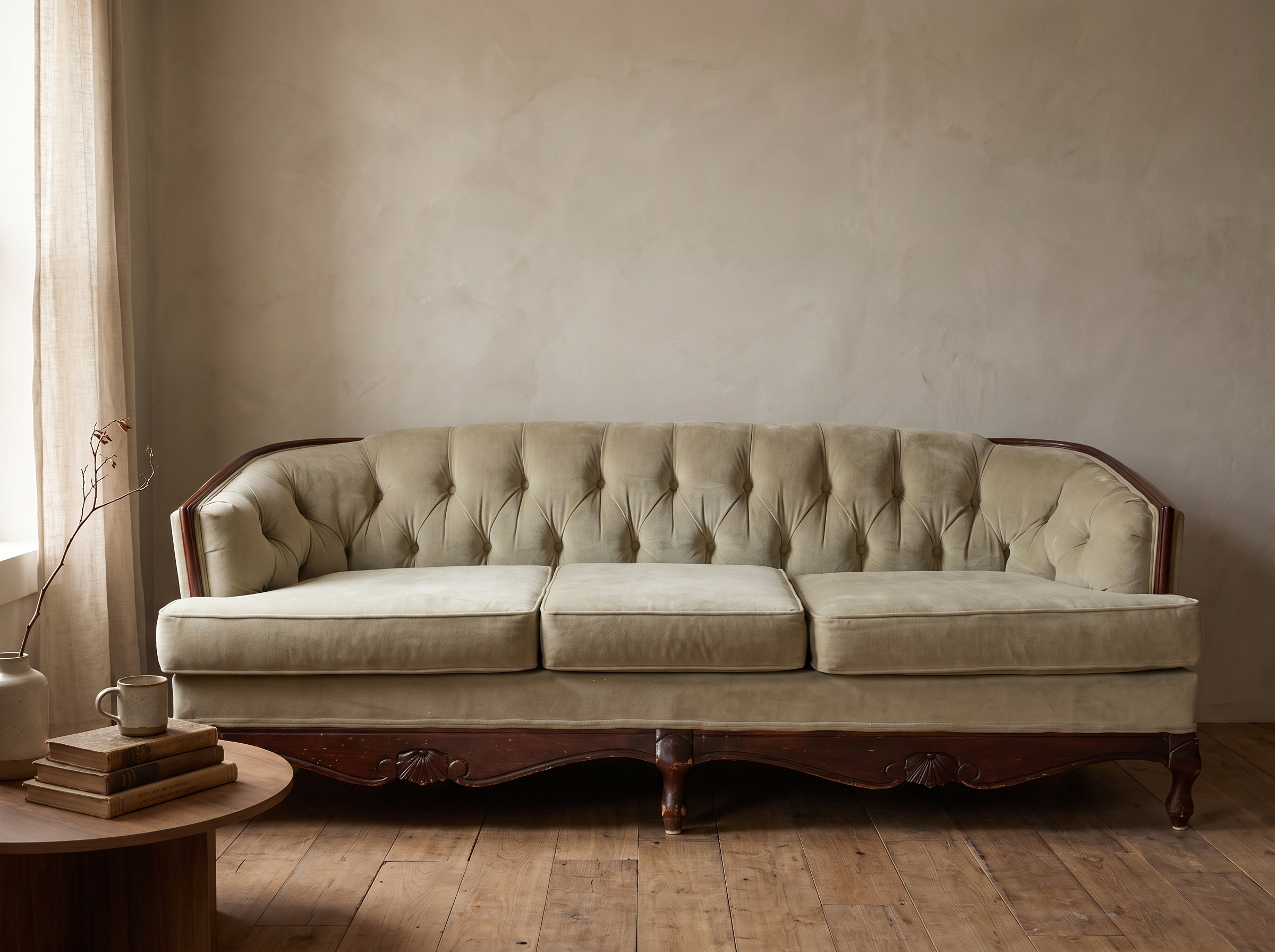 Light sage velvet tufted sofa, straight-on front-facing view in a lived-in room corner