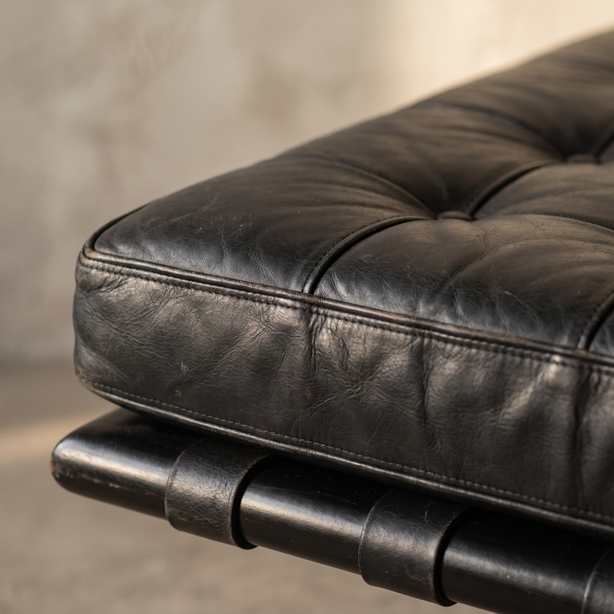 Second detail of the Barcelona Daybed's tufted leather cushion corner and strap stitching
