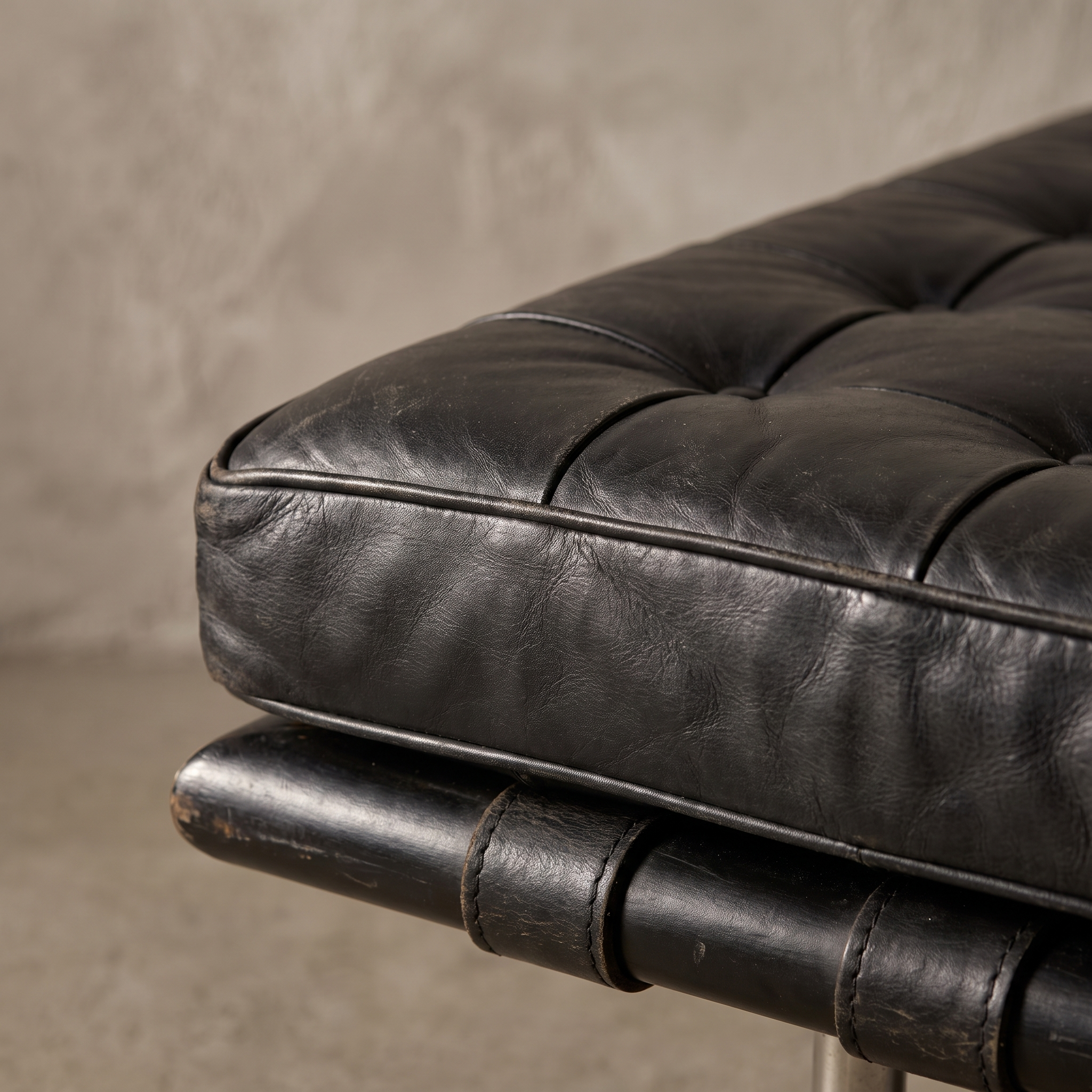 Detail of the Barcelona Daybed's diamond button-tufted black leather cushion and leather strap suspension