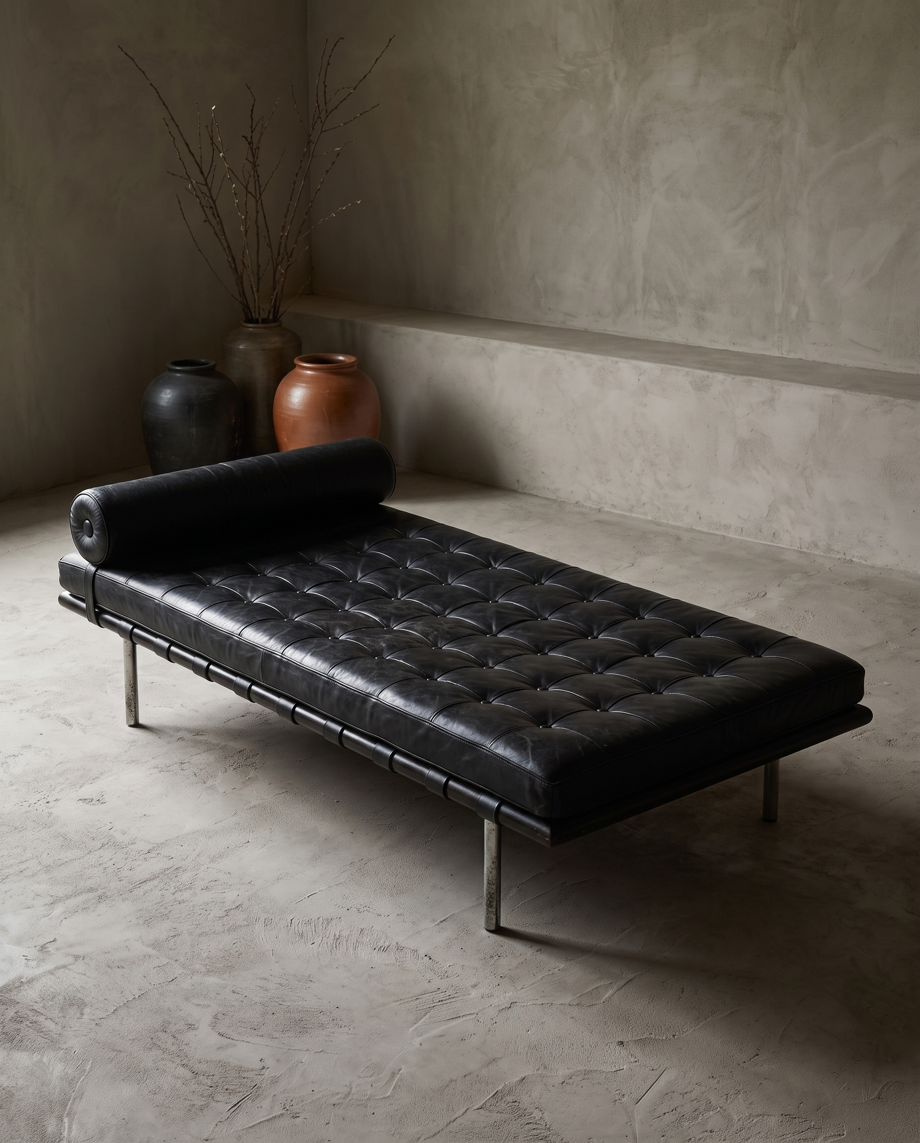 Mies van der Rohe Barcelona Daybed in black leather, staged in a greige plaster room with stoneware vessels and dried branches