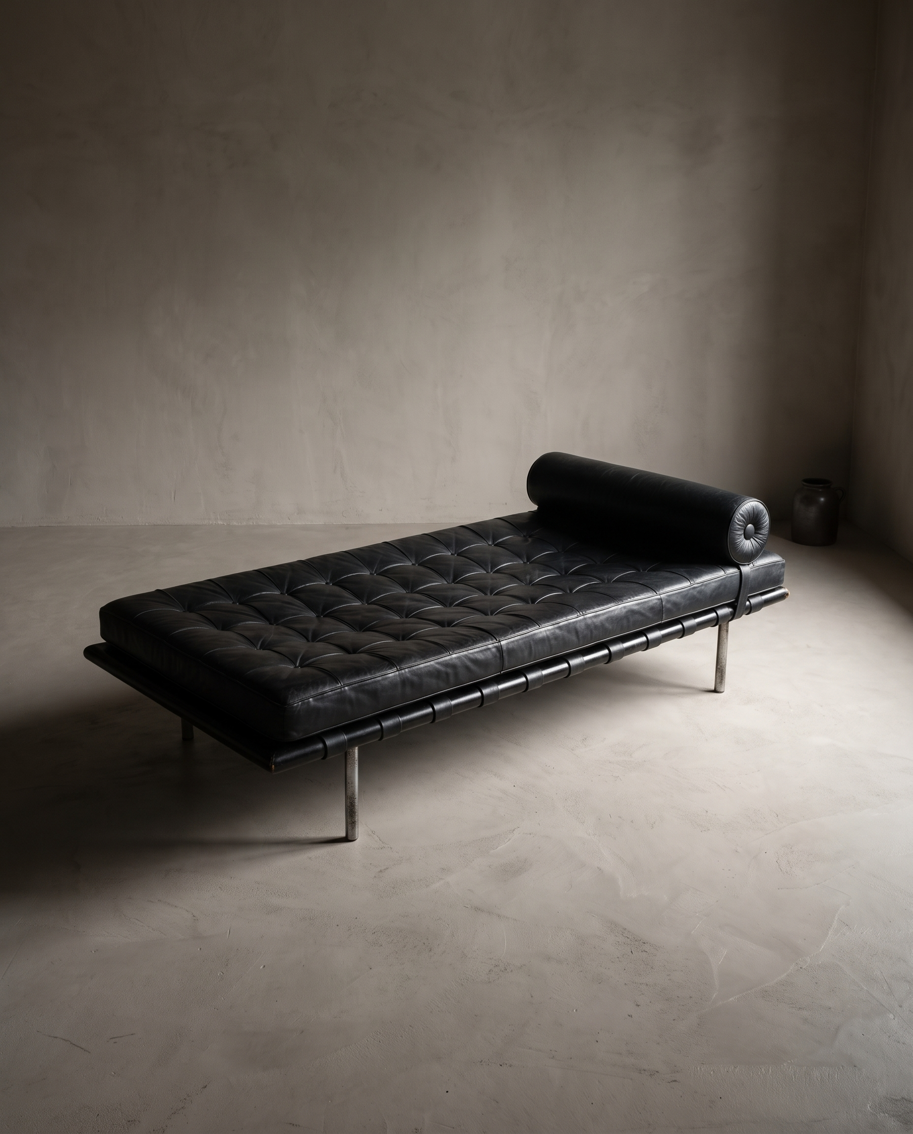 Barcelona Daybed three-quarter view showing full silhouette, tufted cushion, bolster, and legs against bare greige plaster