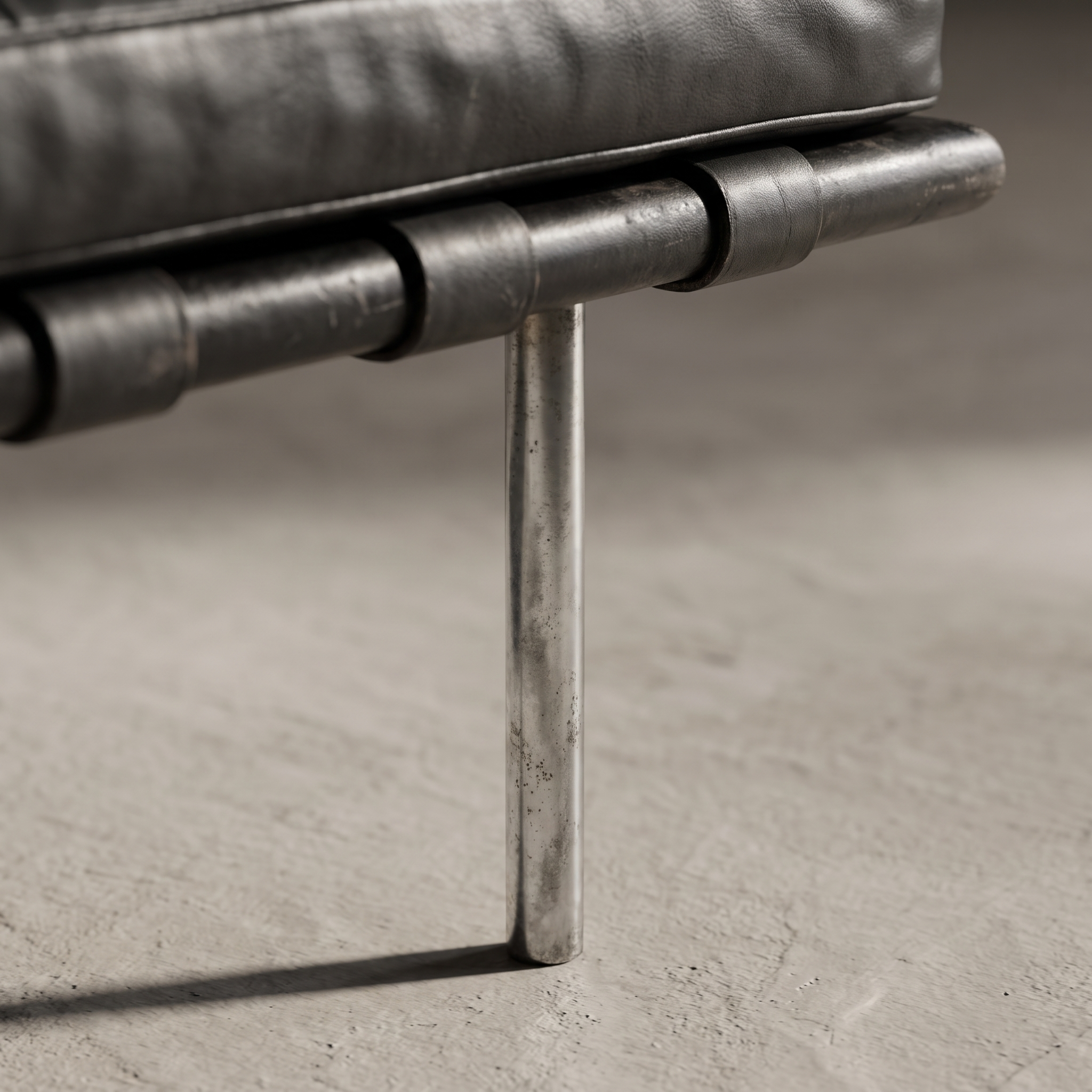 Second detail of the Barcelona Daybed's round chrome leg and floor contact point