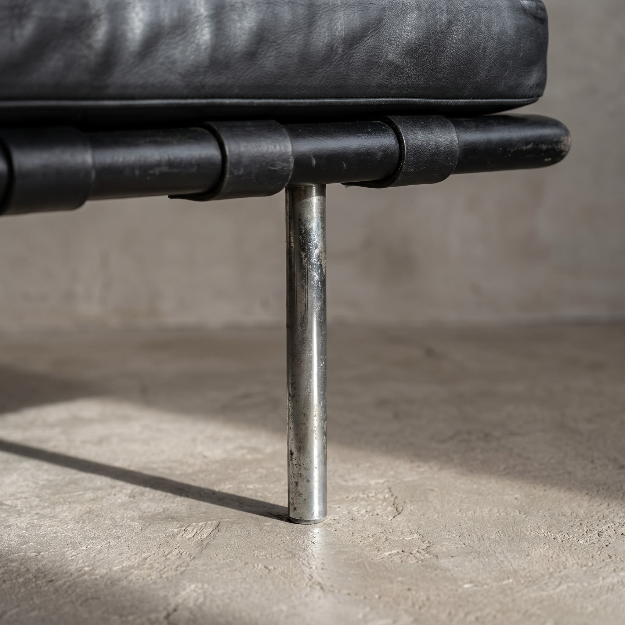Detail of the Barcelona Daybed's round chrome leg with aged patina meeting the leather platform
