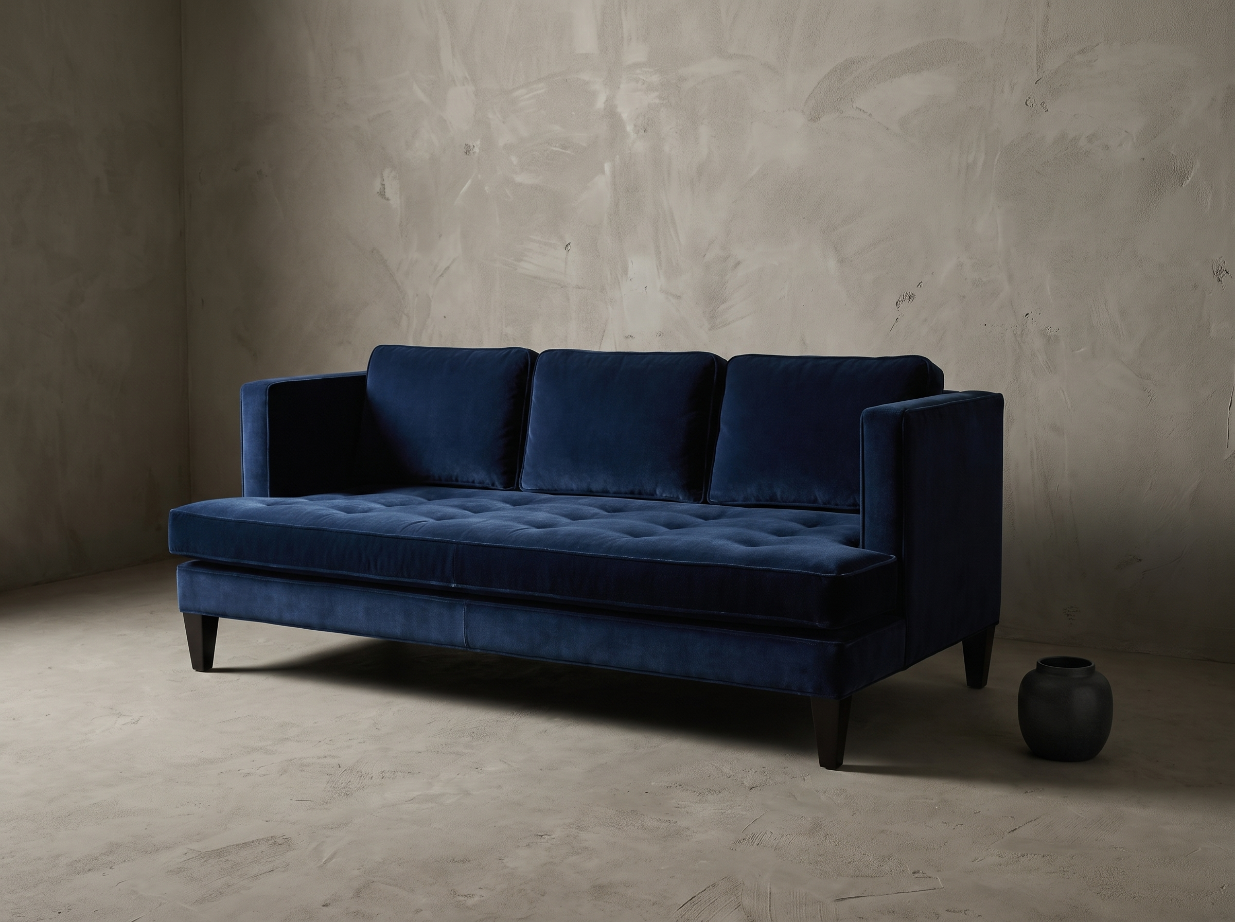 Shenandoah navy velvet track-arm sofa, three-quarter view showing full form and construction