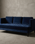 Shenandoah navy velvet track-arm sofa, three-quarter view showing full form and construction