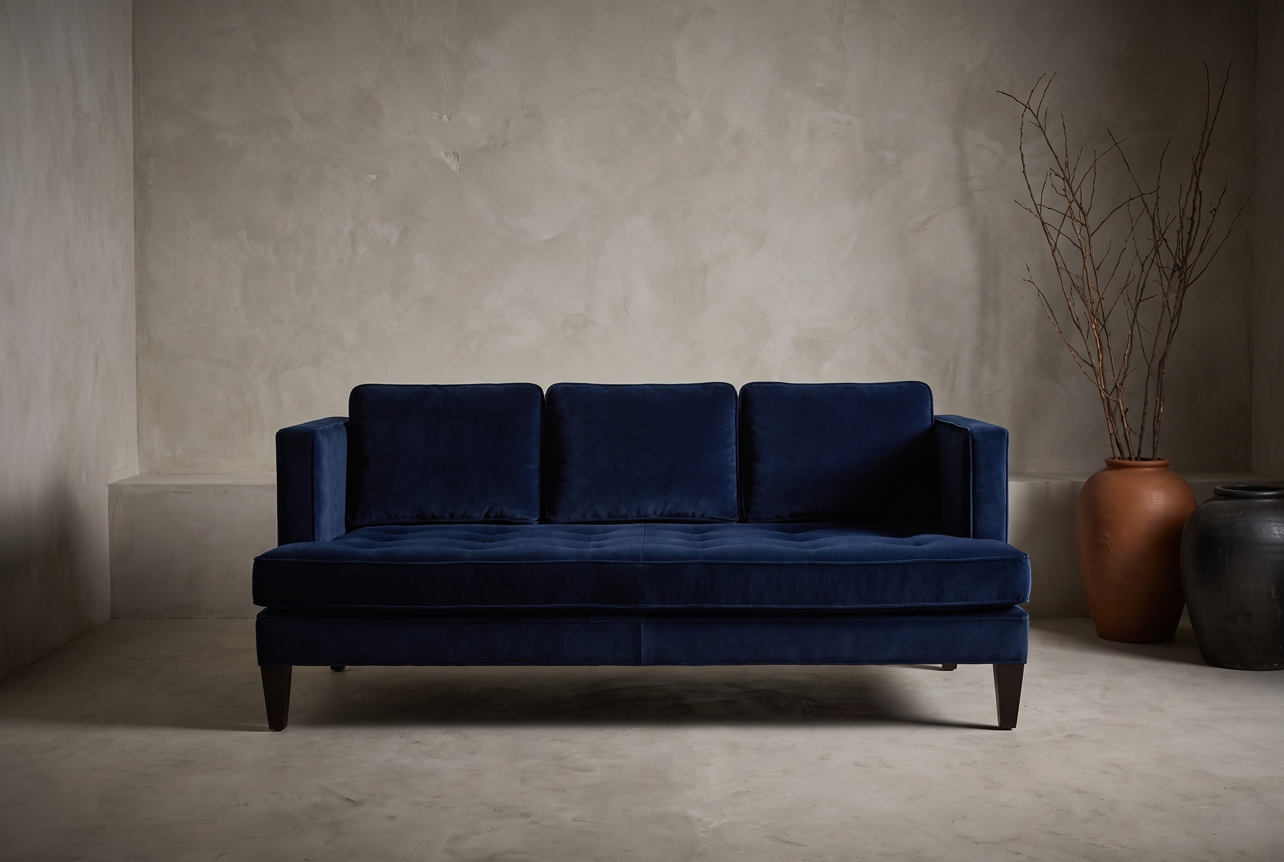 Shenandoah navy velvet track-arm sofa, hero shot in a greige plaster room