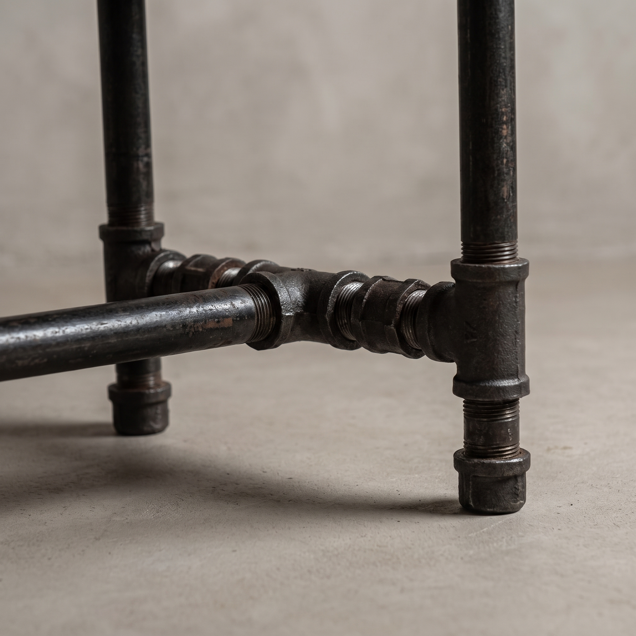 Close-up detail of the center pipe rail T-fitting junction on the iron base