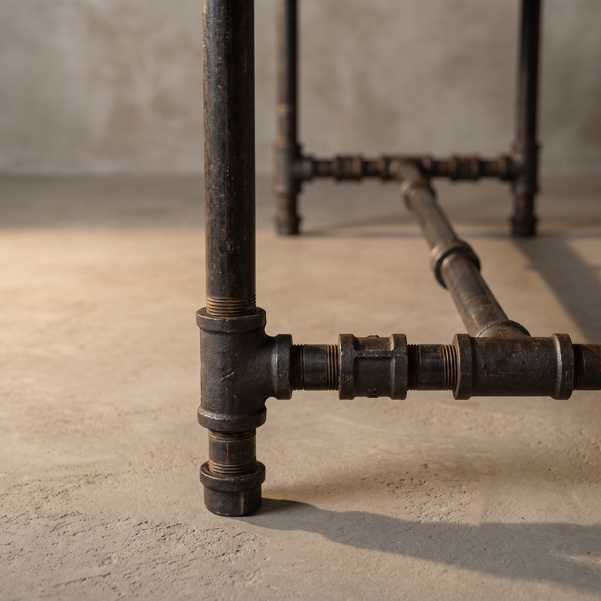 Close-up detail of the blackened iron pipe leg and H-stretcher joinery