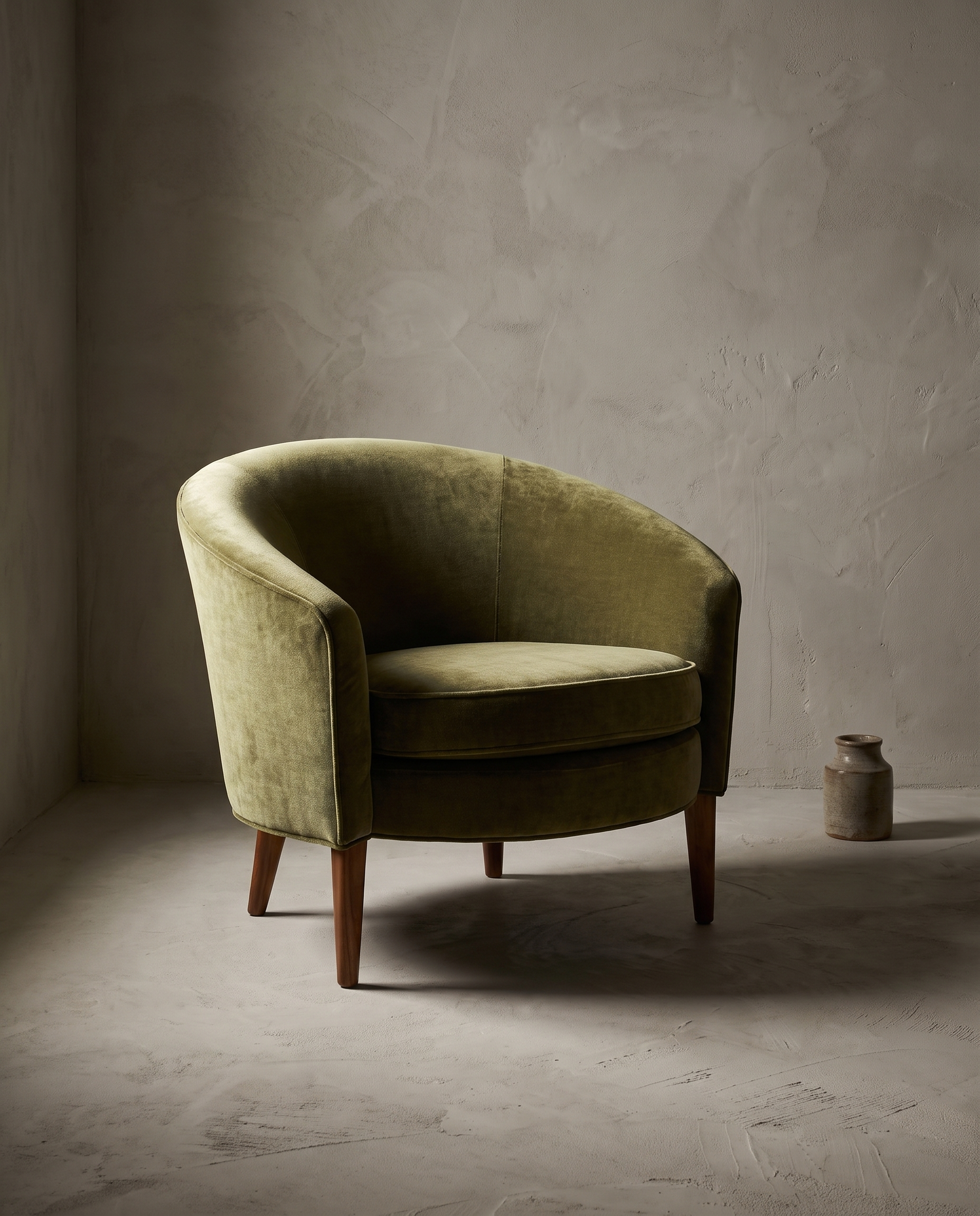 Dialogica barrel chair three-quarter view showing form and construction