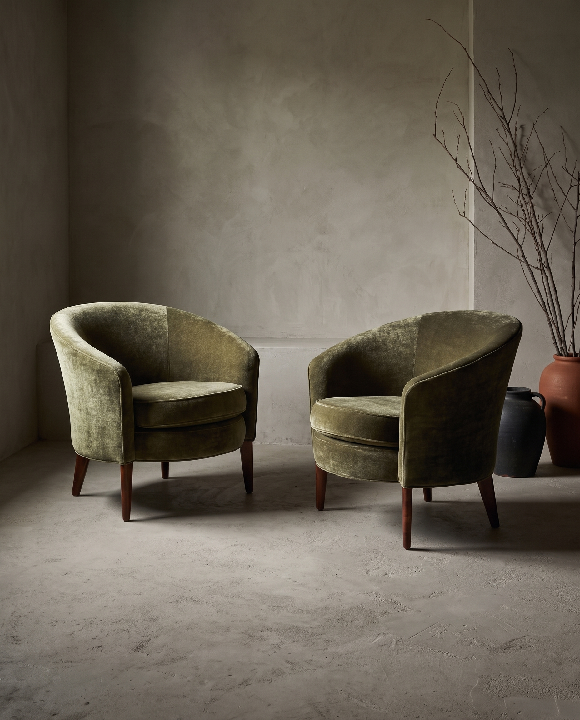 Pair of Dialogica barrel chairs in moss green chenille velvet, greige plaster room