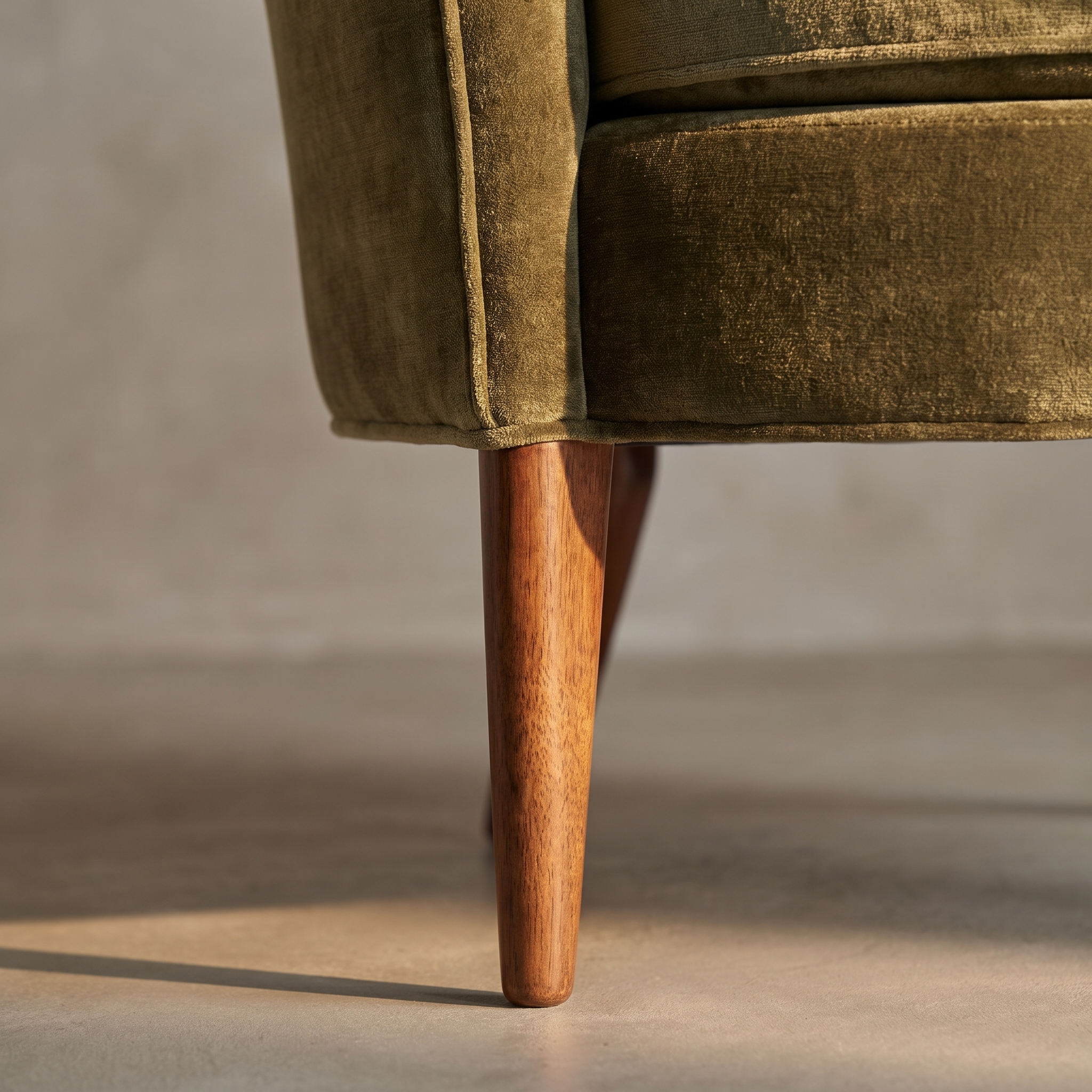 Macro detail of tapered walnut leg meeting the upholstered waterfall base